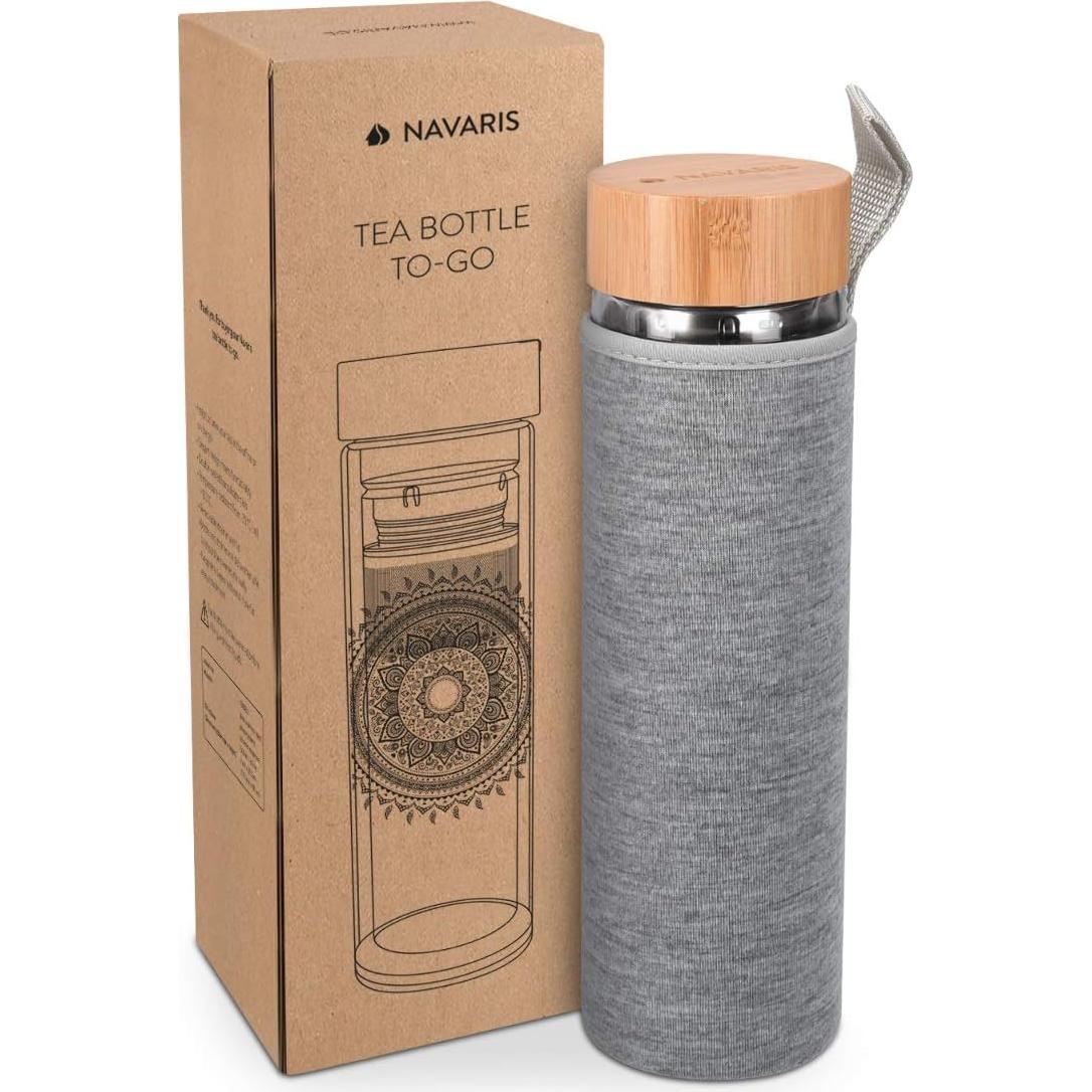 Botella de Té de Vidrio Navaris 500ml con Infusor y Manga Neopreno