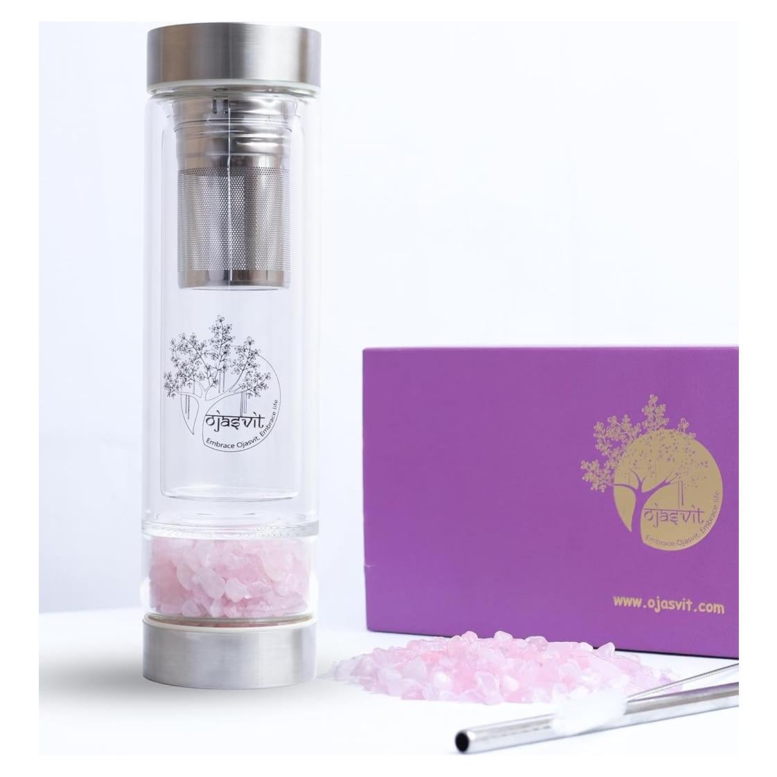 Botella Infusora de Té Ojasvit 355ml Doble Pared Cuarzo Rosa