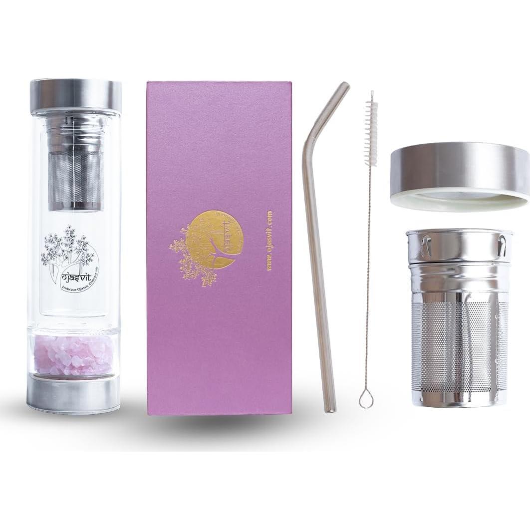 Botella Infusora de Té Ojasvit 355ml Doble Pared Cuarzo Rosa