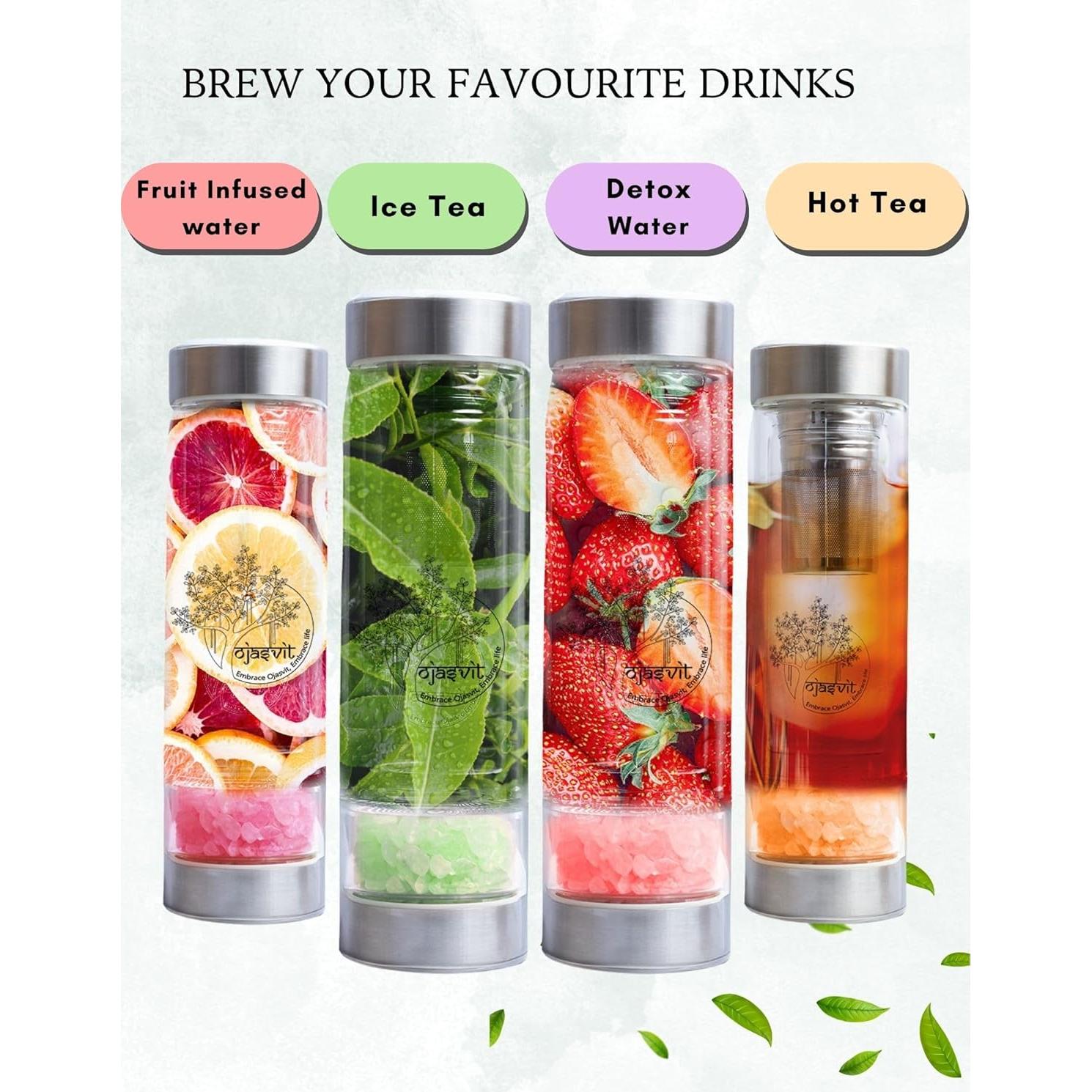 Botella Infusora de Té Ojasvit 355ml Doble Pared Cuarzo Rosa