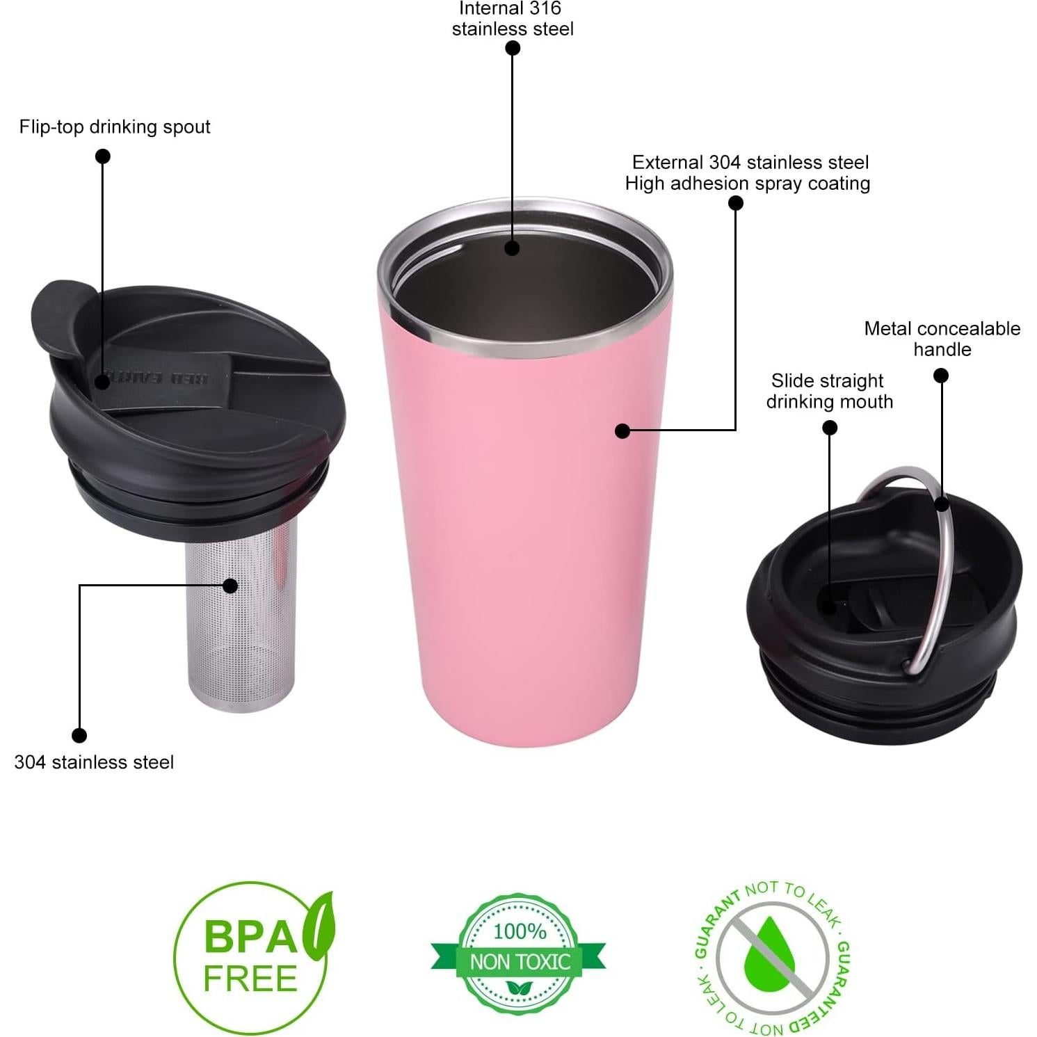 Taza de Té de Viaje GiNT 17oz Acero Inoxidable Rosa con Infusor