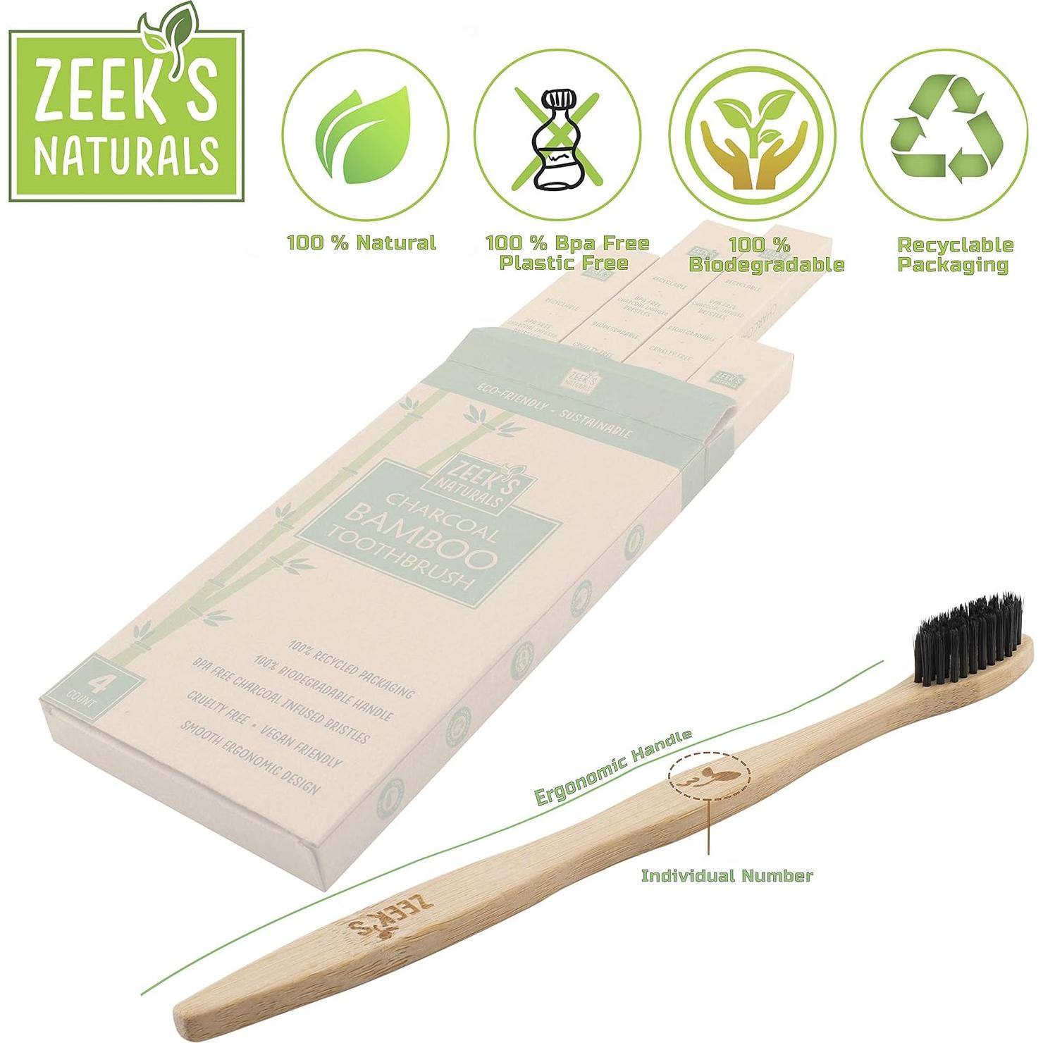 Cepillos de Dientes de Bambú Ecológicos Zeek's Naturals - 4 Unidades