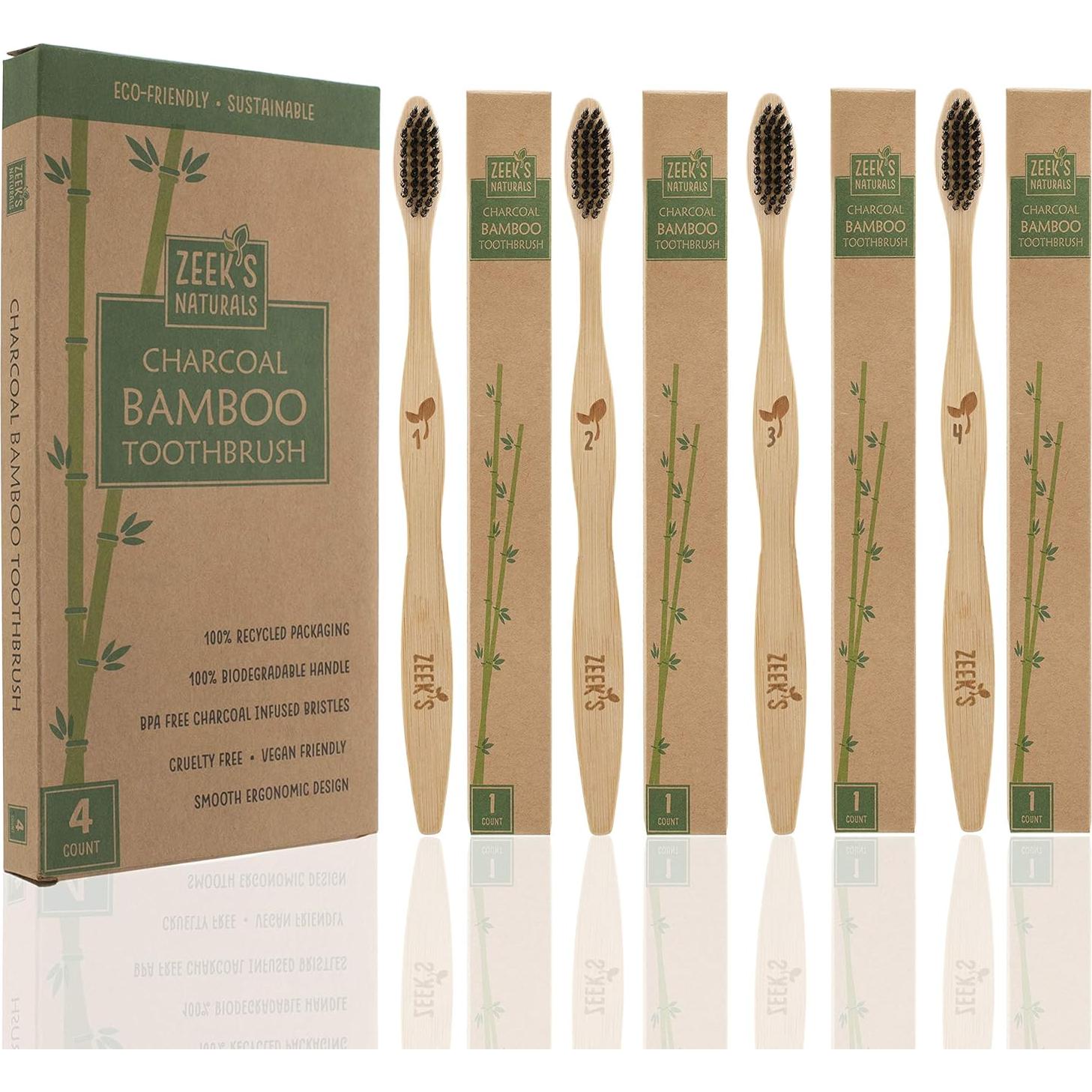 Cepillos de Dientes de Bambú Ecológicos Zeek's Naturals - 4 Unidades
