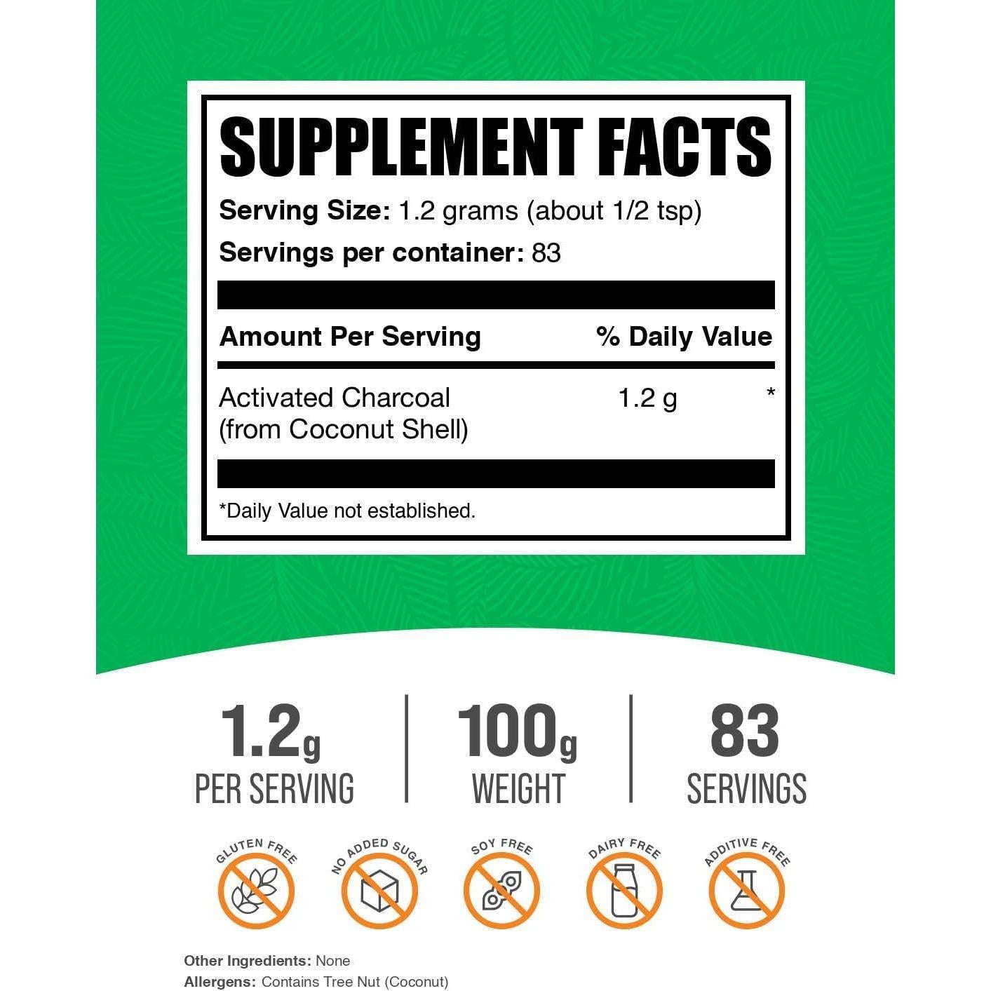Polvo de Carbón Activado BulkSupplements 100g - Vegano y Sin Gluten