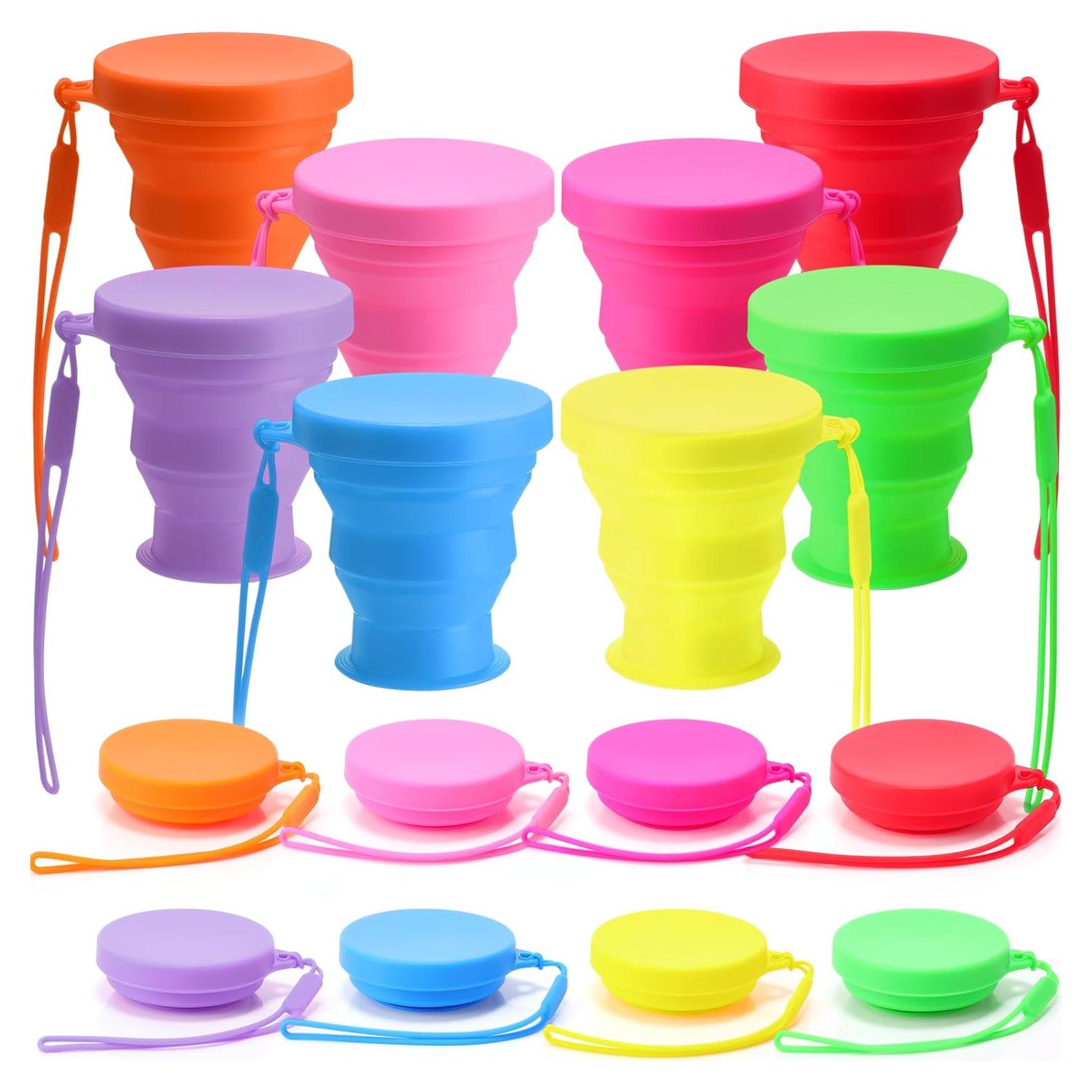 8 Pcs Silicone Collapsible Travel Cup Foldable 7 oz Camping Cups with Lids, Reusable Expandable Portable Drinking Mugs for Outdoor Hiking Camping and Travel (Rainbow Colors)