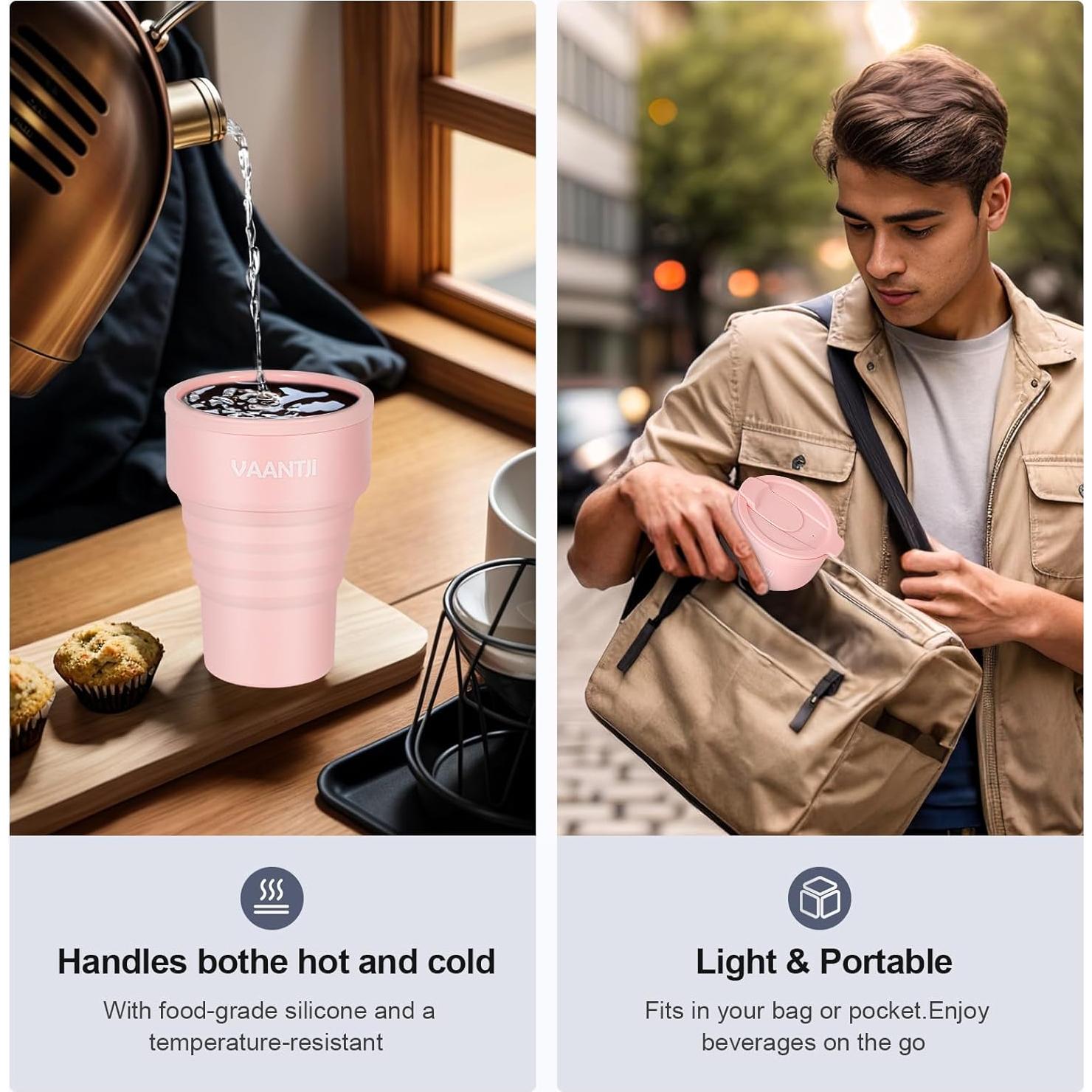 Taza Plegable de Silicona VAANTJI 375 ml Rosa para Viajes