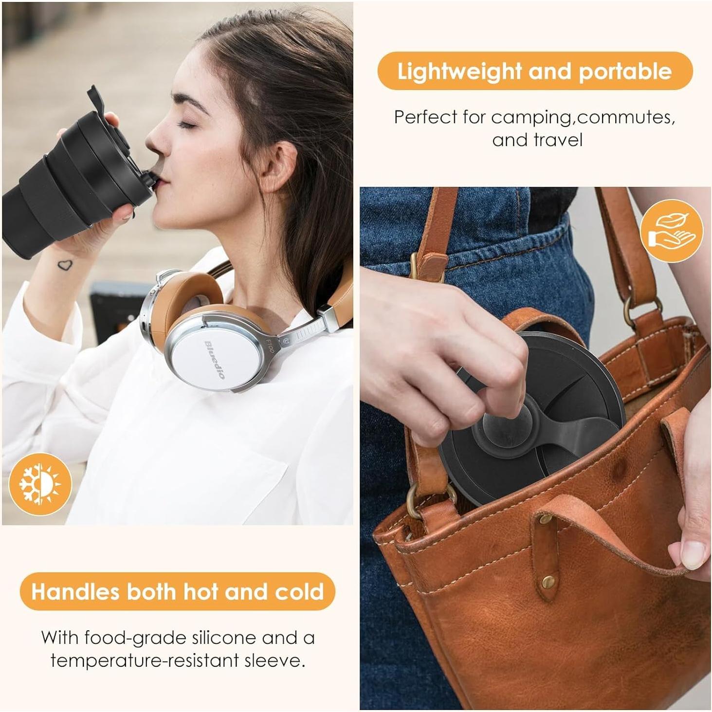 Taza Plegable QJJIPP Negra 450ml Silicona Reutilizable Camping