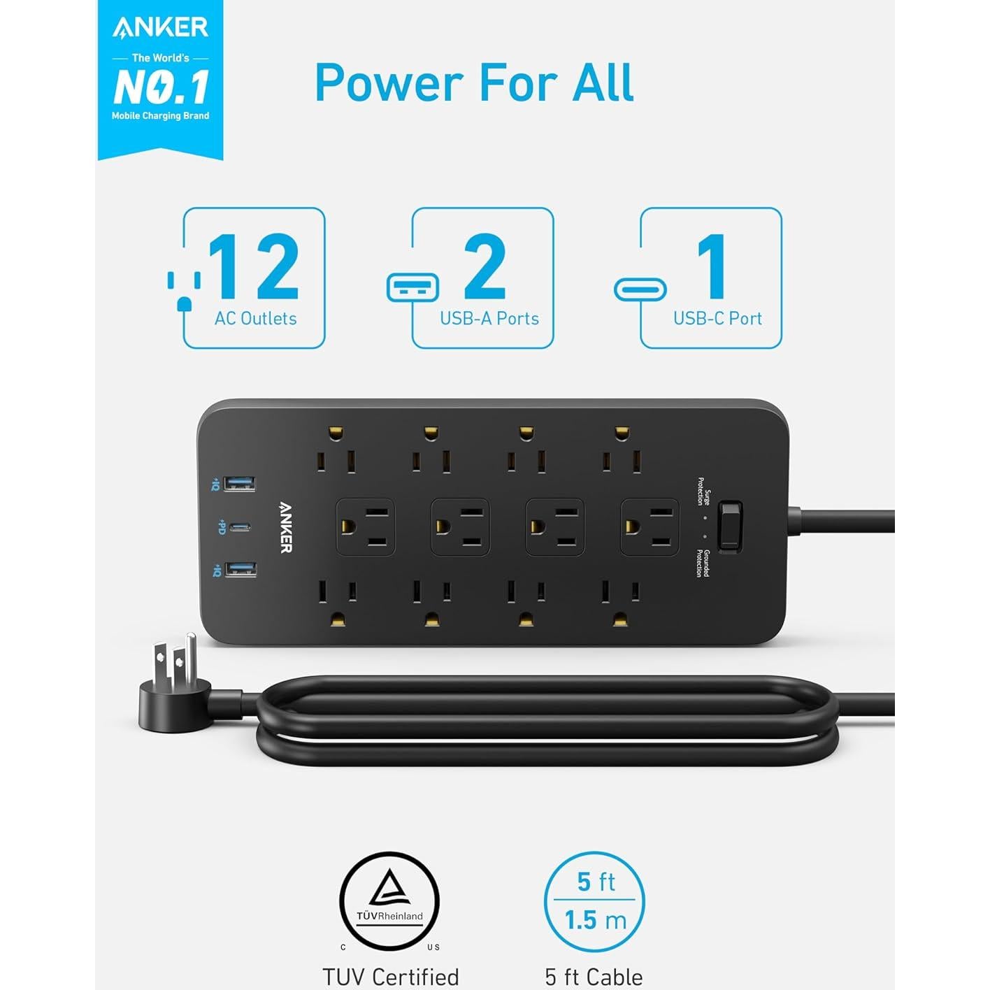 Regleta de Sobretensión Anker A9192, 12 Salidas, 1 USB-C, 2 USB-A, 1.5m