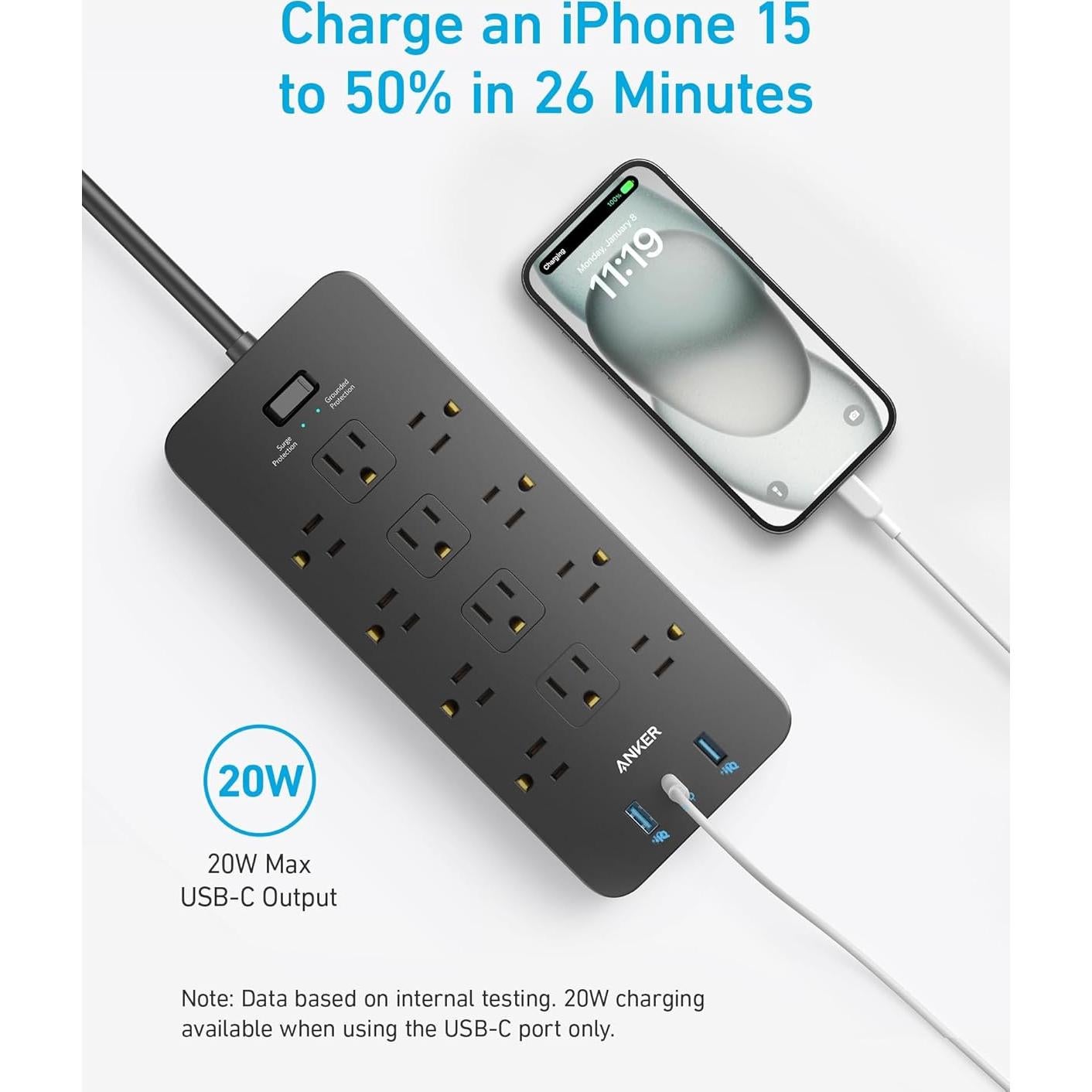 Regleta de Sobretensión Anker A9192, 12 Salidas, 1 USB-C, 2 USB-A, 1.5m