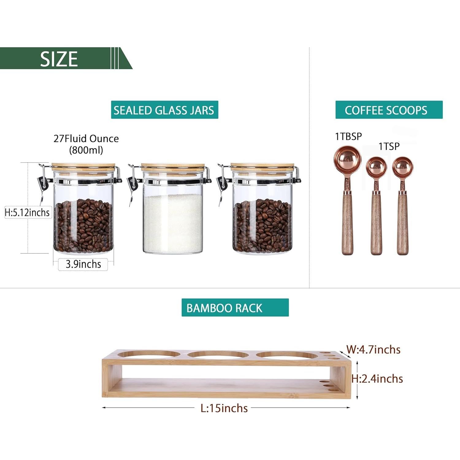 Set 3 Tarros de Vidrio Hermético KKC 800 ml con Cucharas