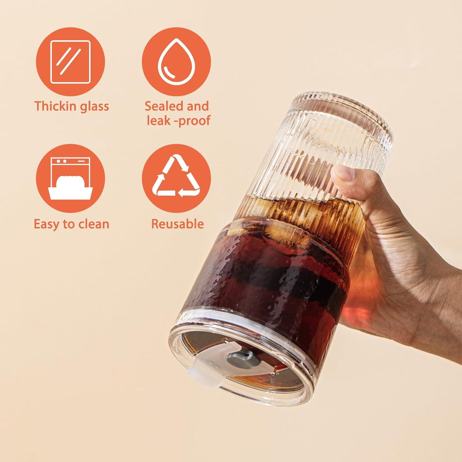 Vasos de vidrio 591ml SoulTimes con tapas y popotes - Set de 2