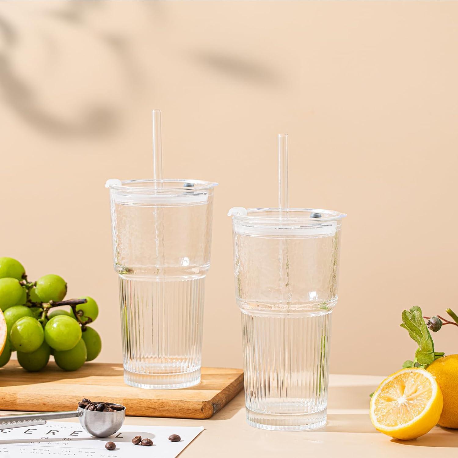 Vasos de vidrio 591ml SoulTimes con tapas y popotes - Set de 2