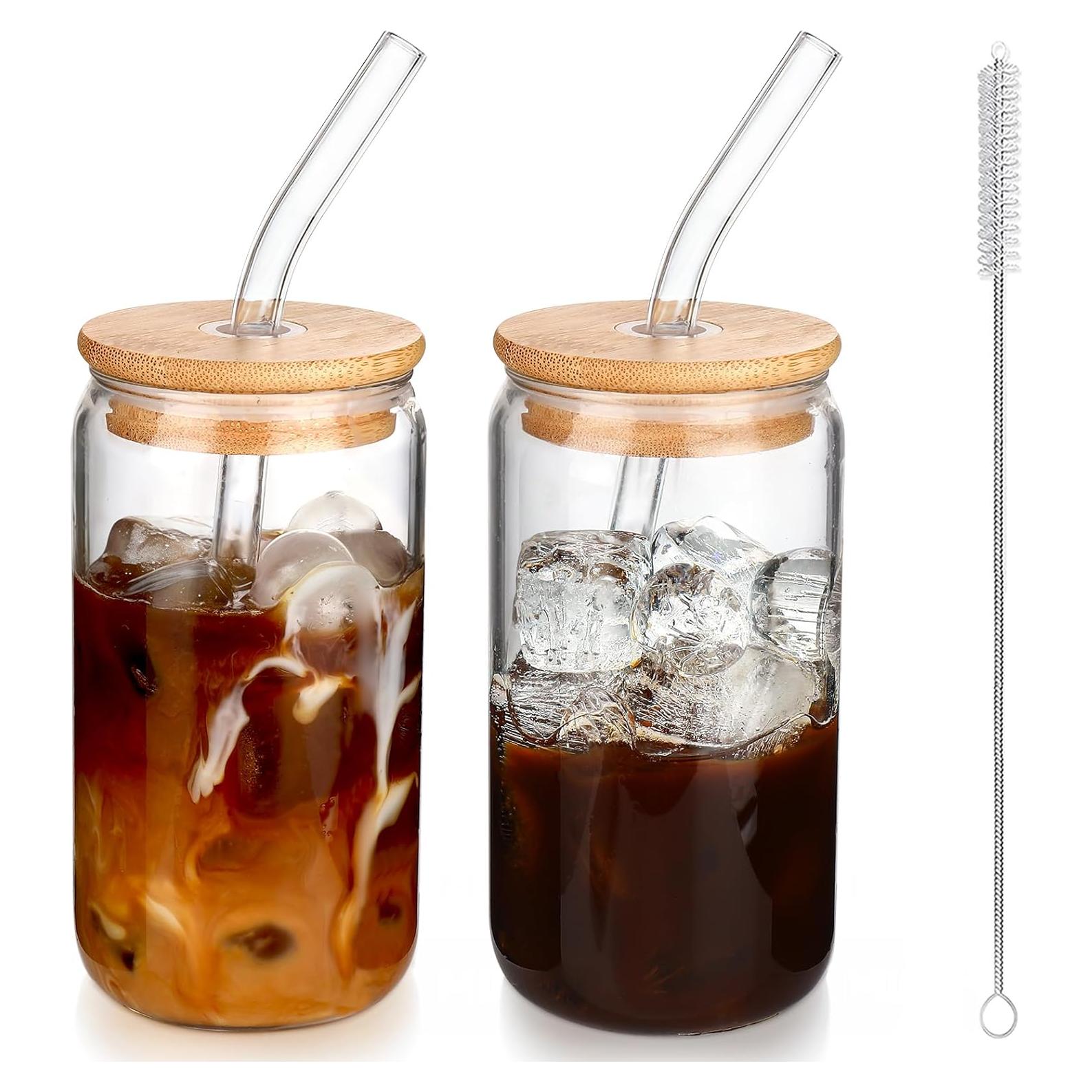 Set de 2 Tazas de Vidrio con Tapa y Popote 16 oz DWTS