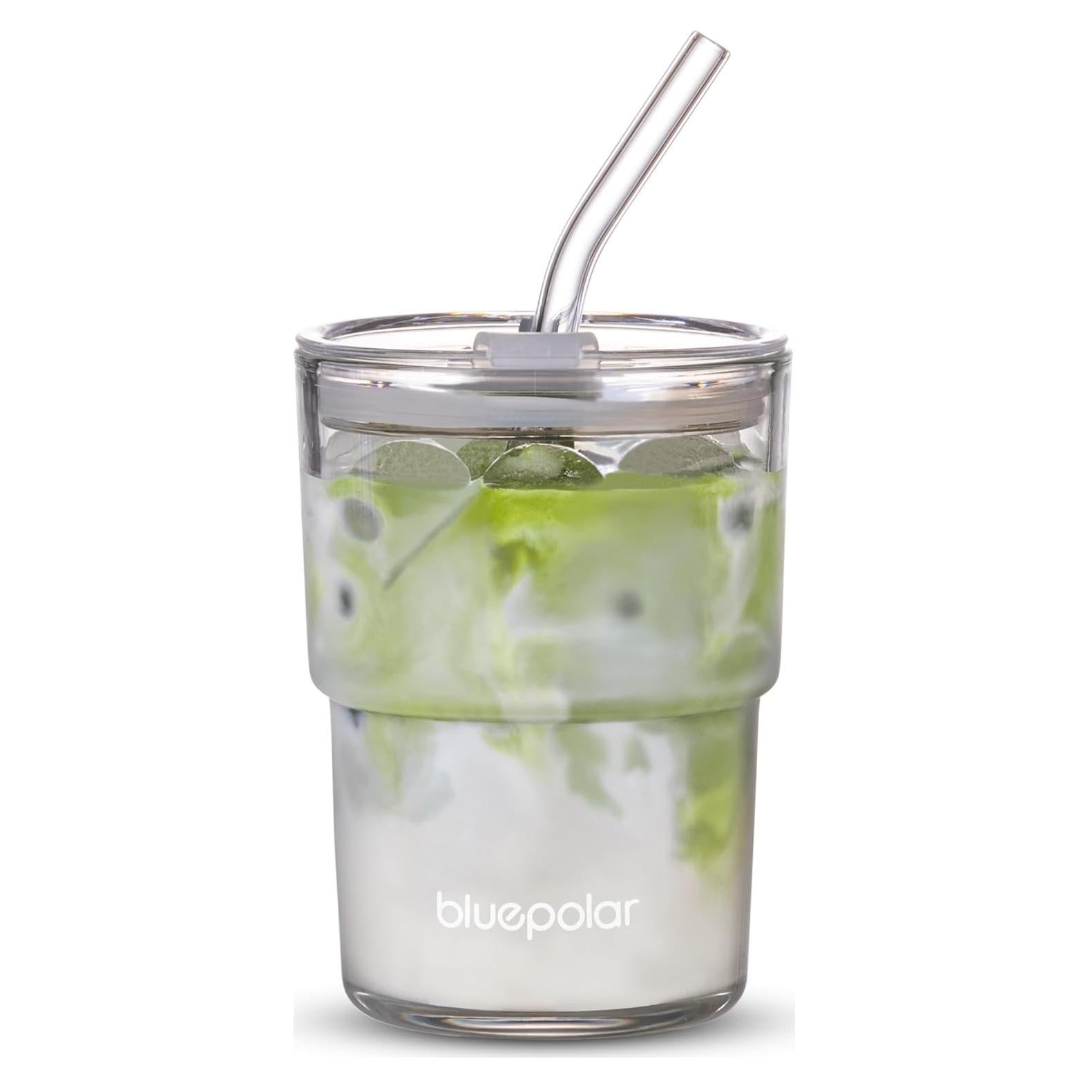 Vaso de Vidrio 400ml BLUEPOLAR con Pajilla y Tapa Sellada