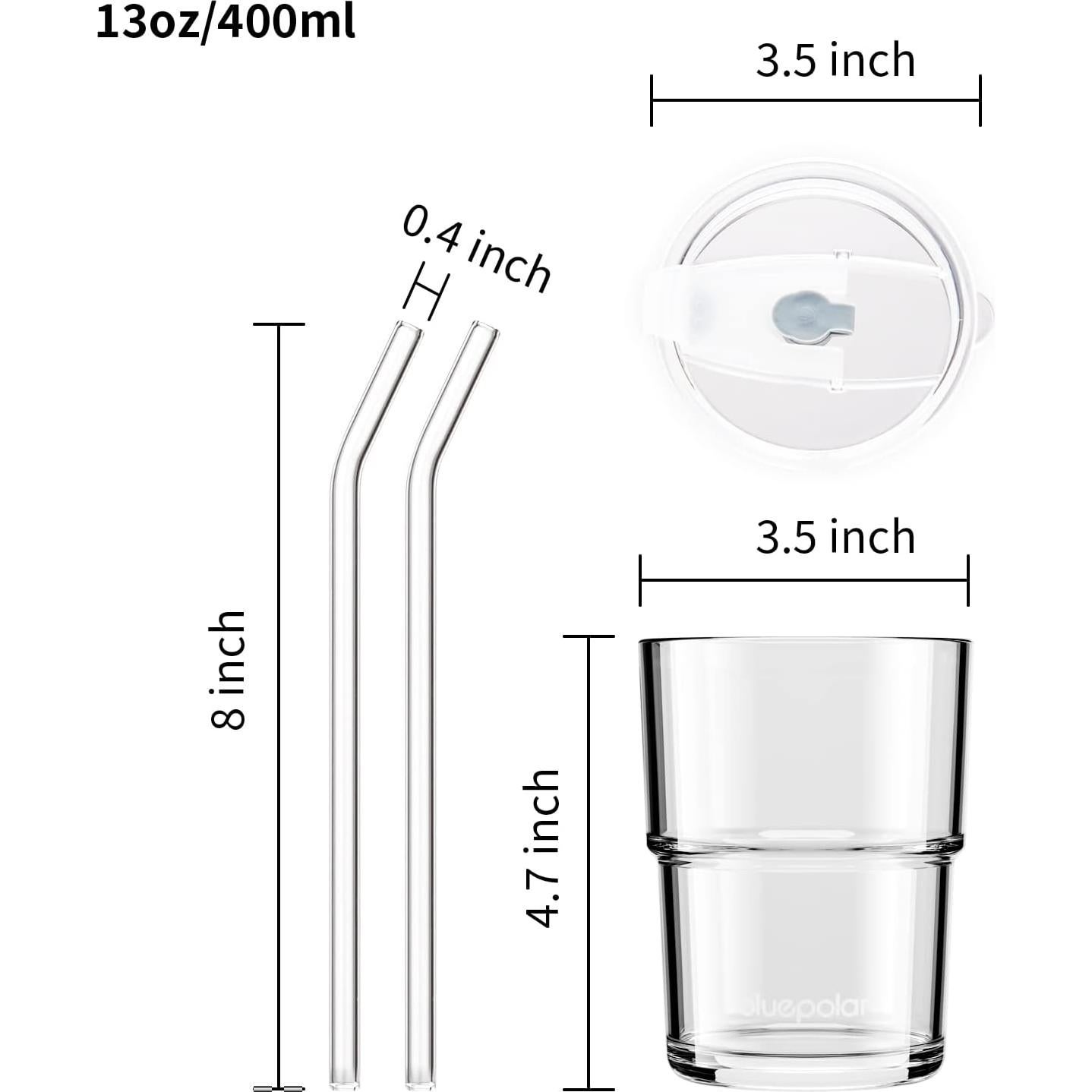 Vaso de Vidrio 400ml BLUEPOLAR con Pajilla y Tapa Sellada