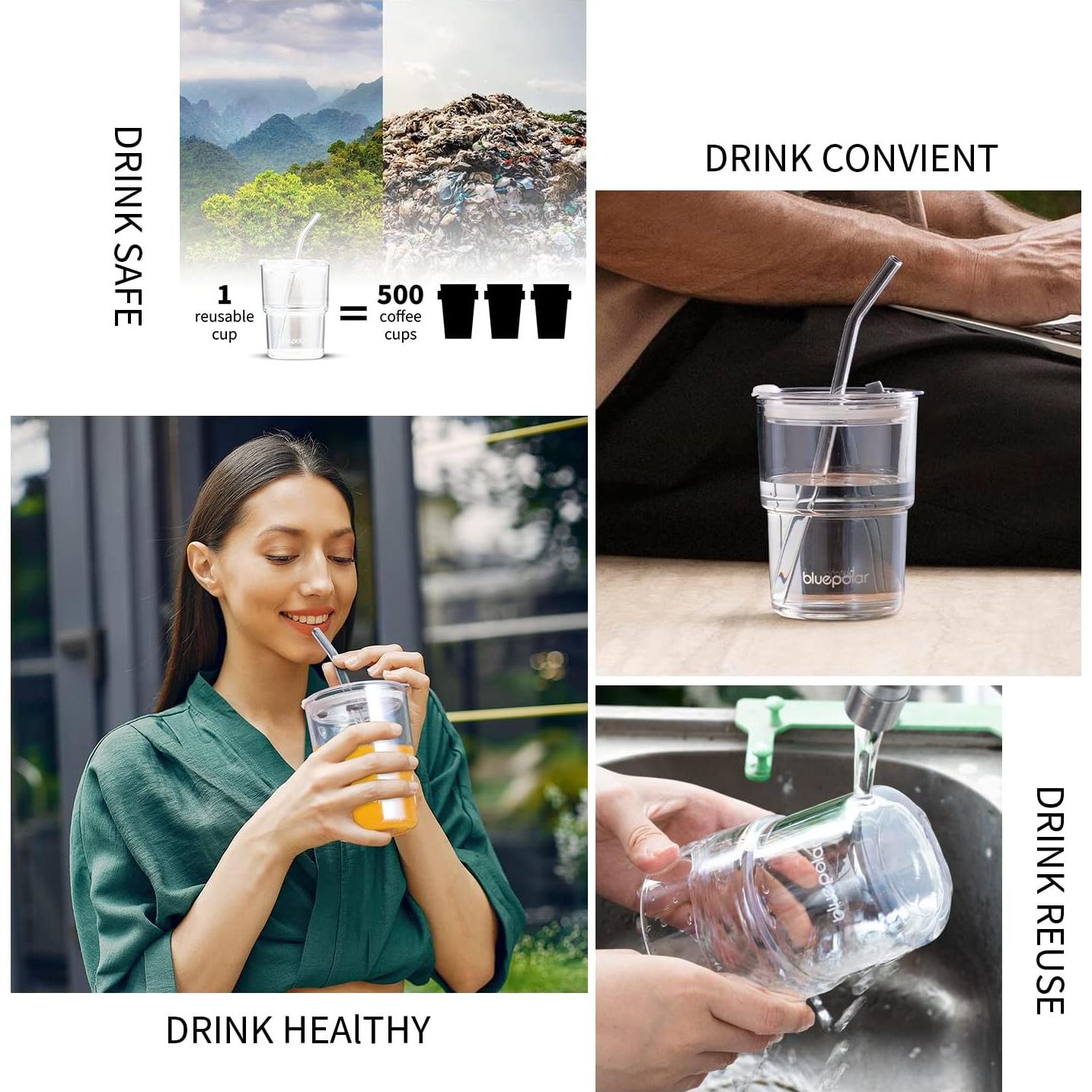 Vaso de Vidrio 400ml BLUEPOLAR con Pajilla y Tapa Sellada