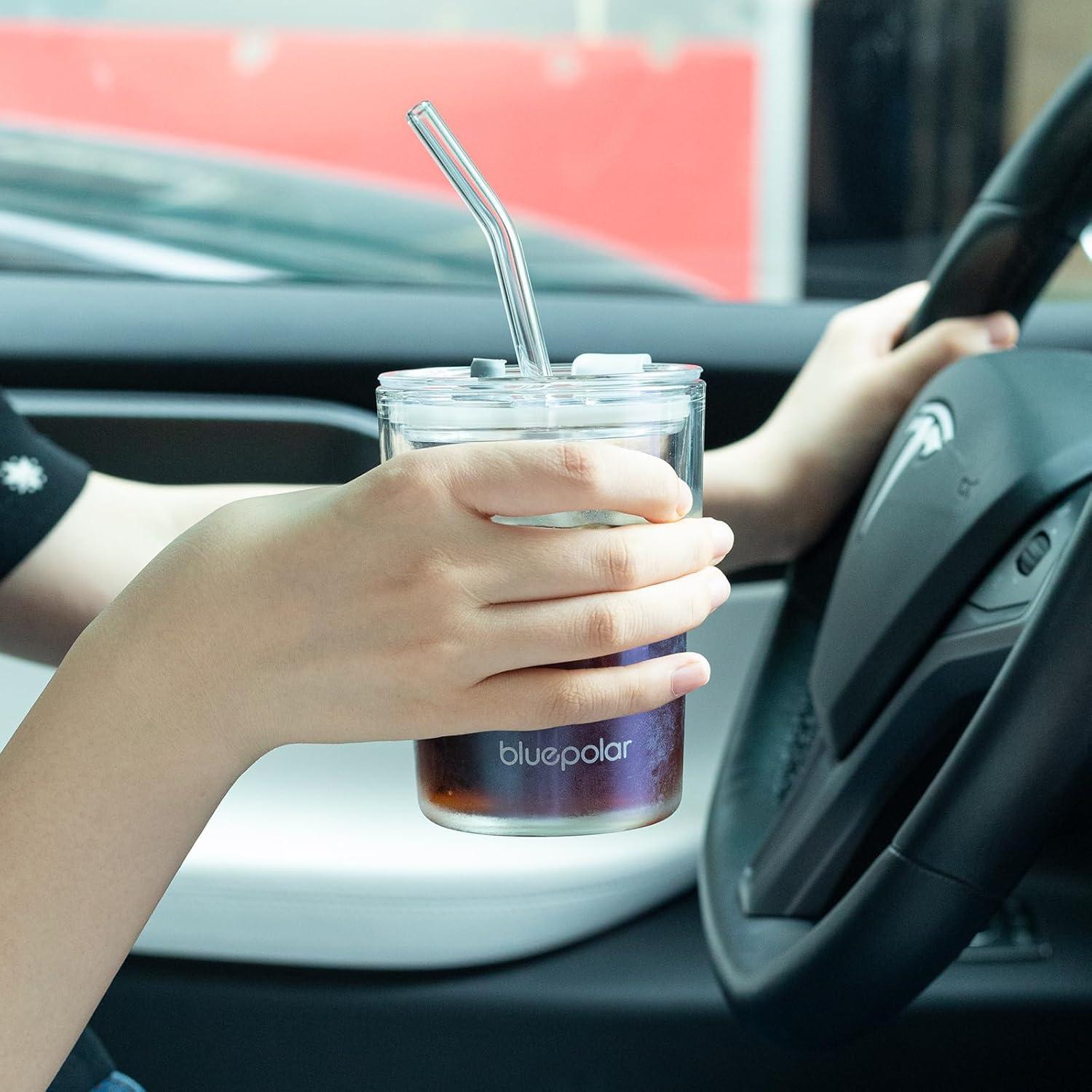 Vaso de Vidrio 400ml BLUEPOLAR con Pajilla y Tapa Sellada