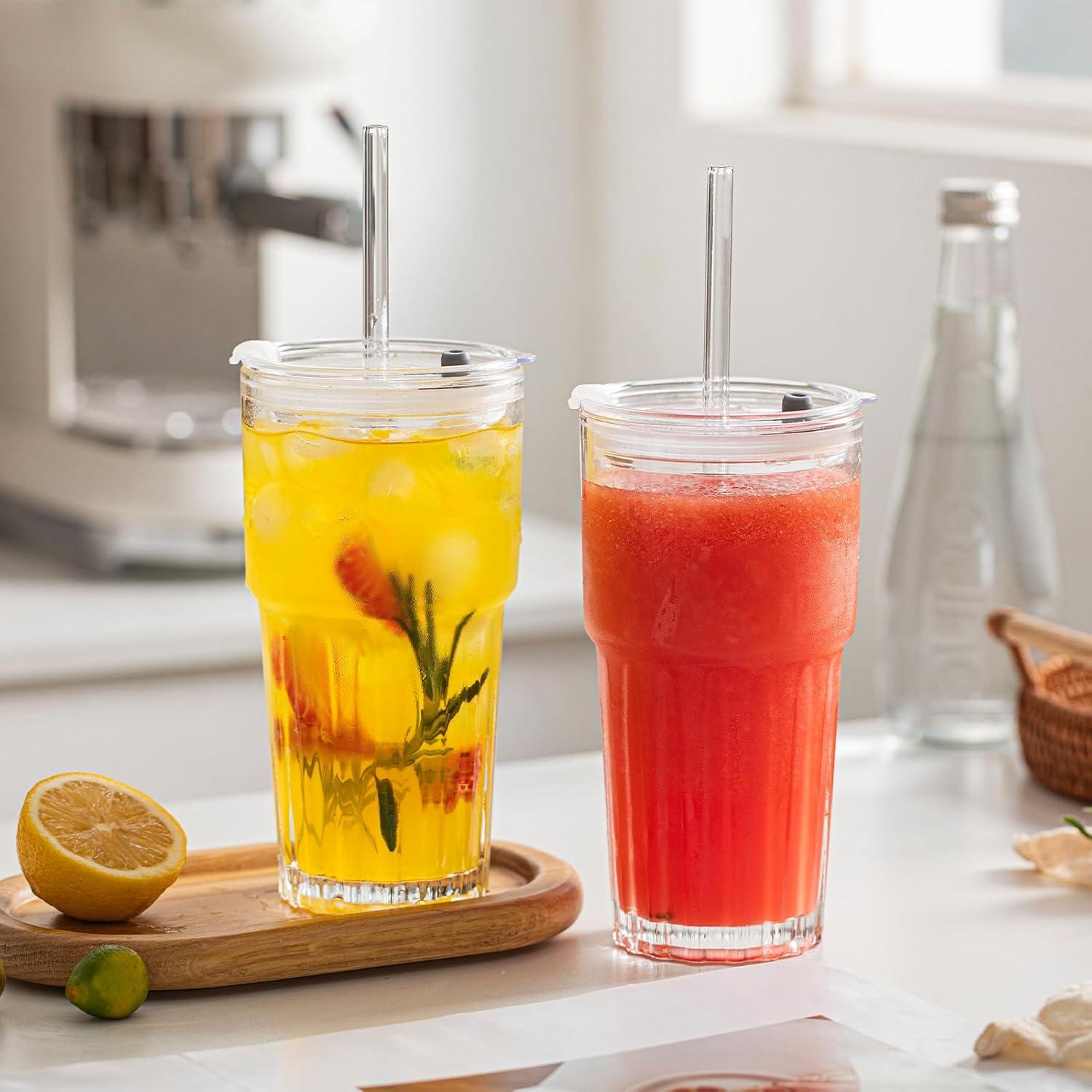 Juego de 2 Vasos de Vidrio INSETLAN 600 ml con Tapas y Pajitas