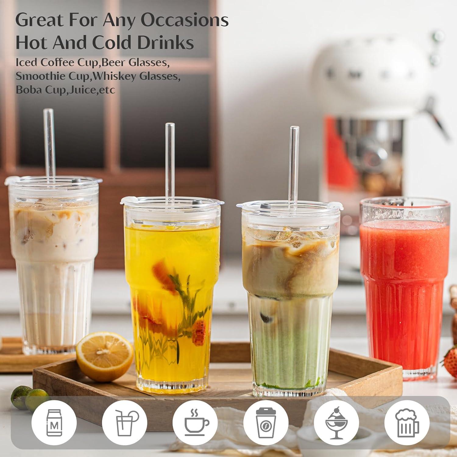 Juego de 2 Vasos de Vidrio INSETLAN 600 ml con Tapas y Pajitas