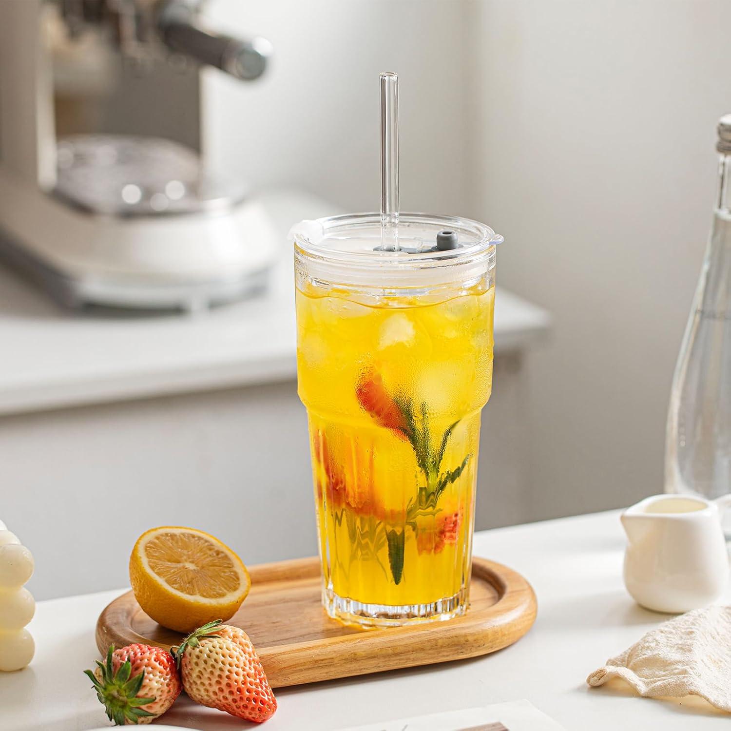 Juego de 2 Vasos de Vidrio INSETLAN 600 ml con Tapas y Pajitas