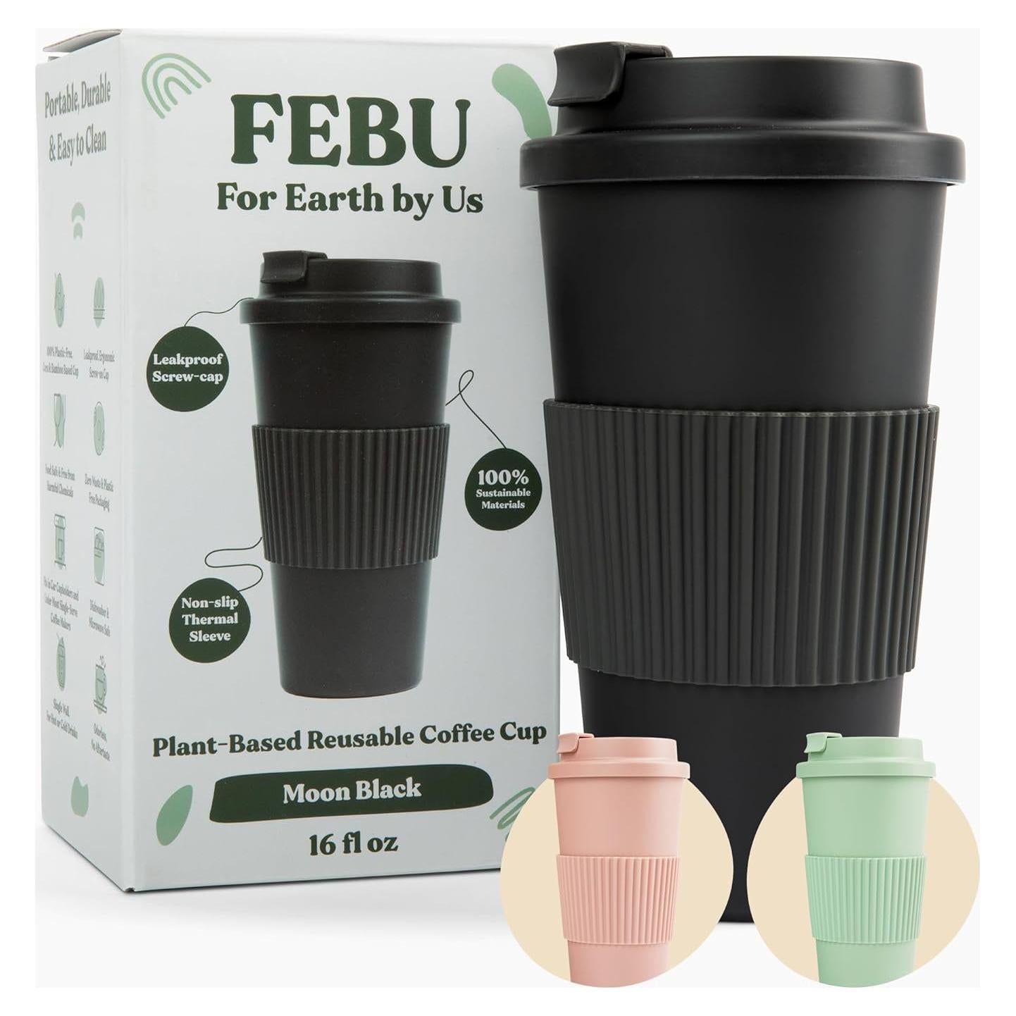 Taza de café reutilizable FEBU 16oz negra a prueba de fugas