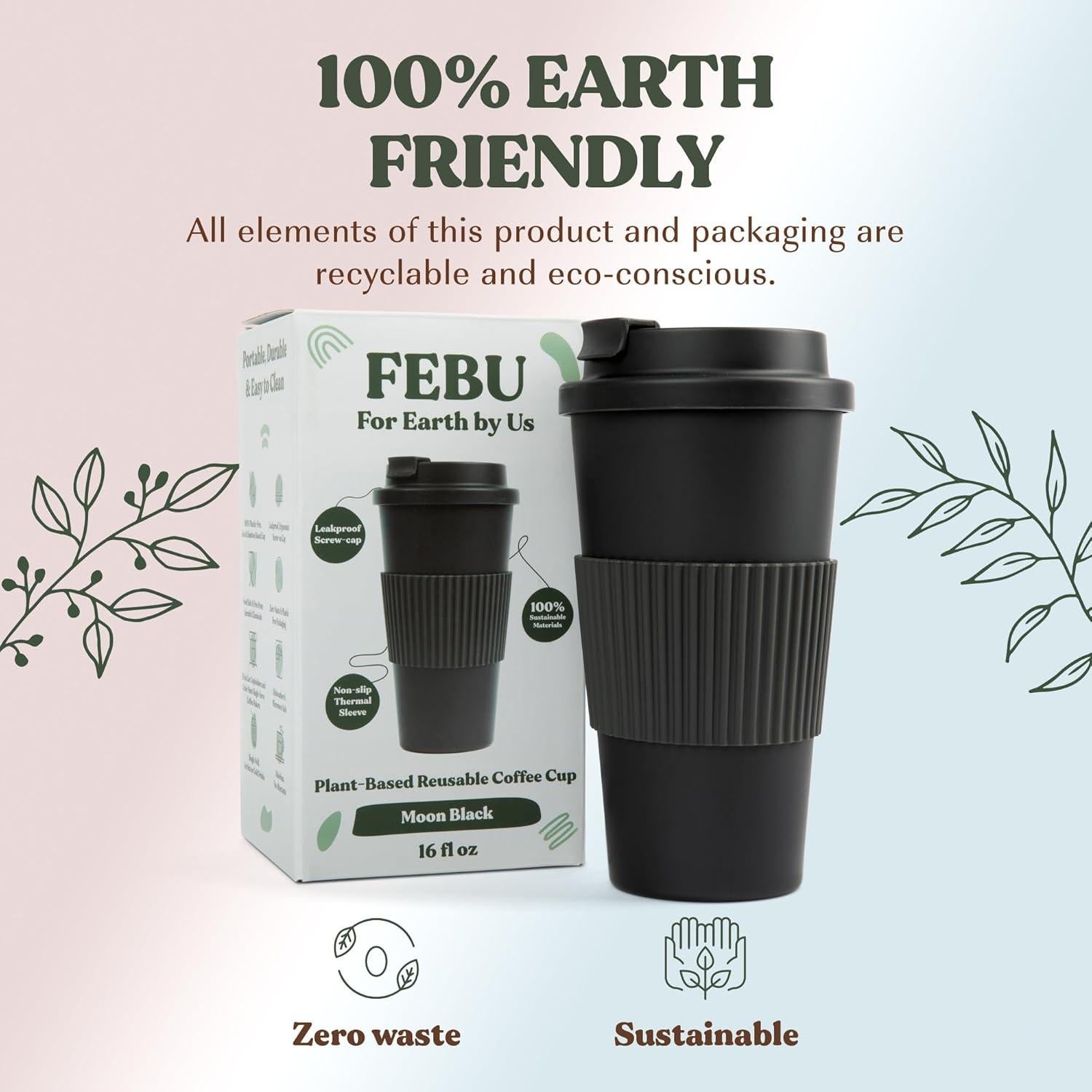 Taza de café reutilizable FEBU 16oz negra a prueba de fugas