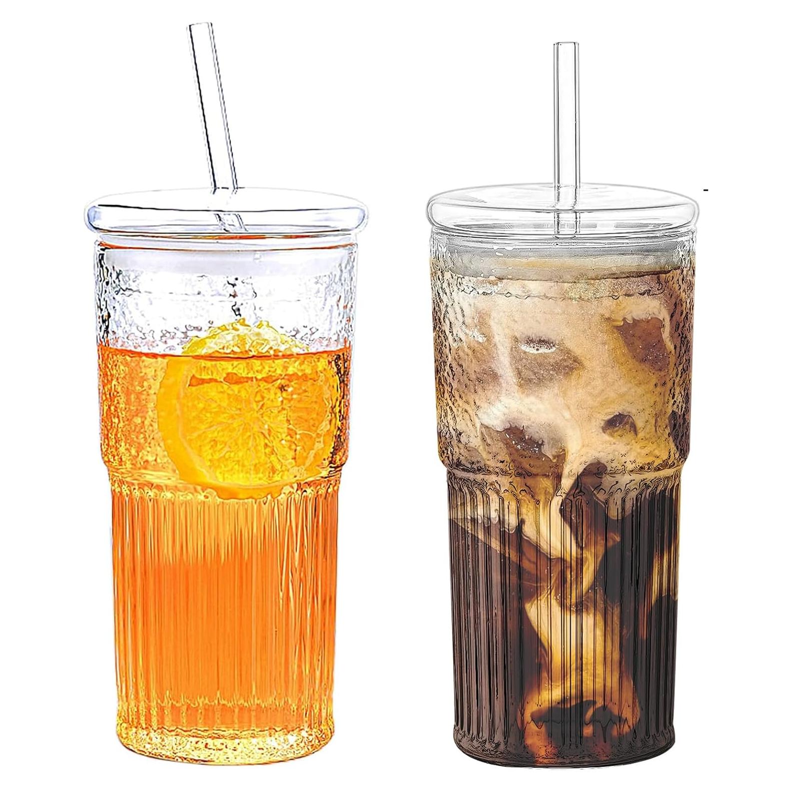 Juego de 2 Vasos de Vidrio HIYAA 20 oz con Tapas y Pajitas
