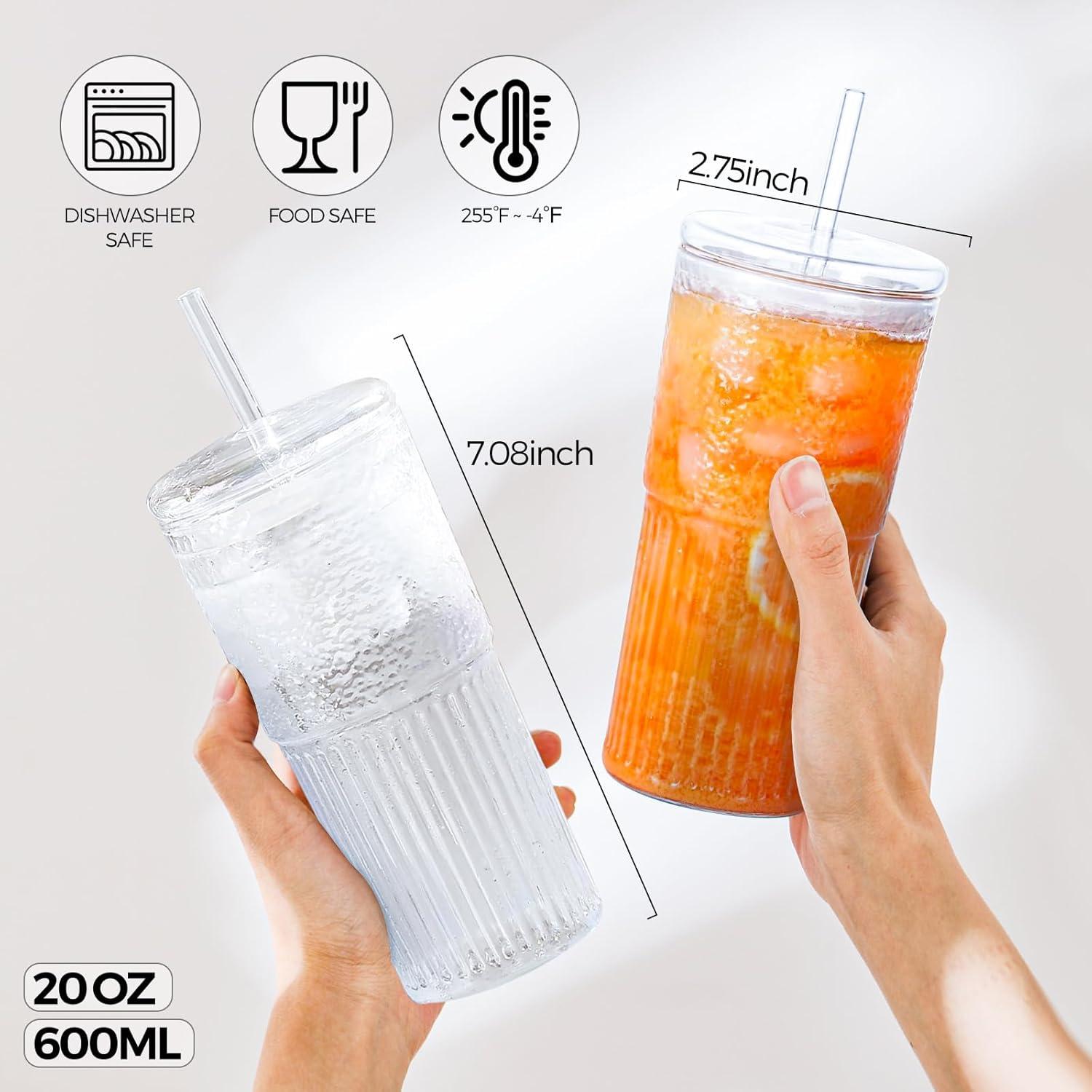 Juego de 2 Vasos de Vidrio HIYAA 20 oz con Tapas y Pajitas