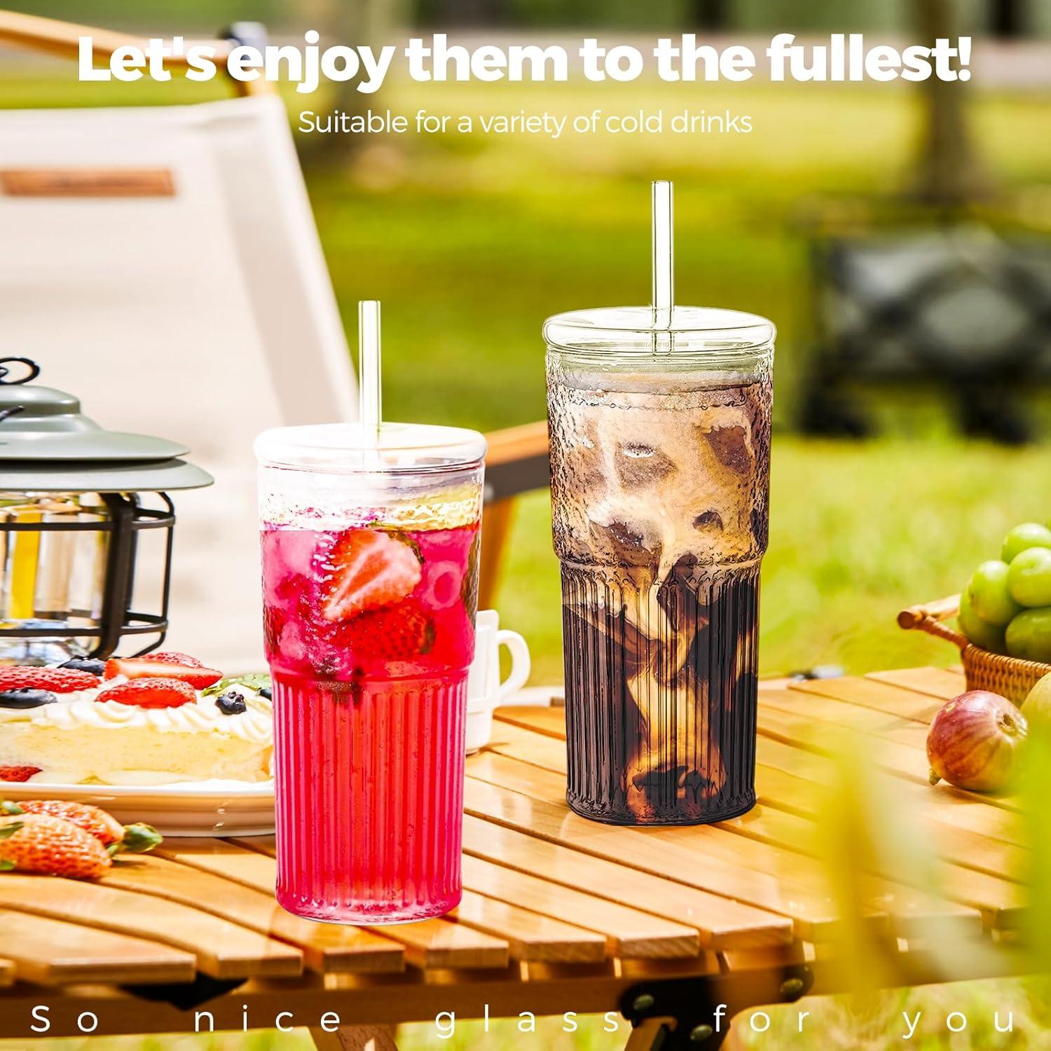 Juego de 2 Vasos de Vidrio HIYAA 20 oz con Tapas y Pajitas