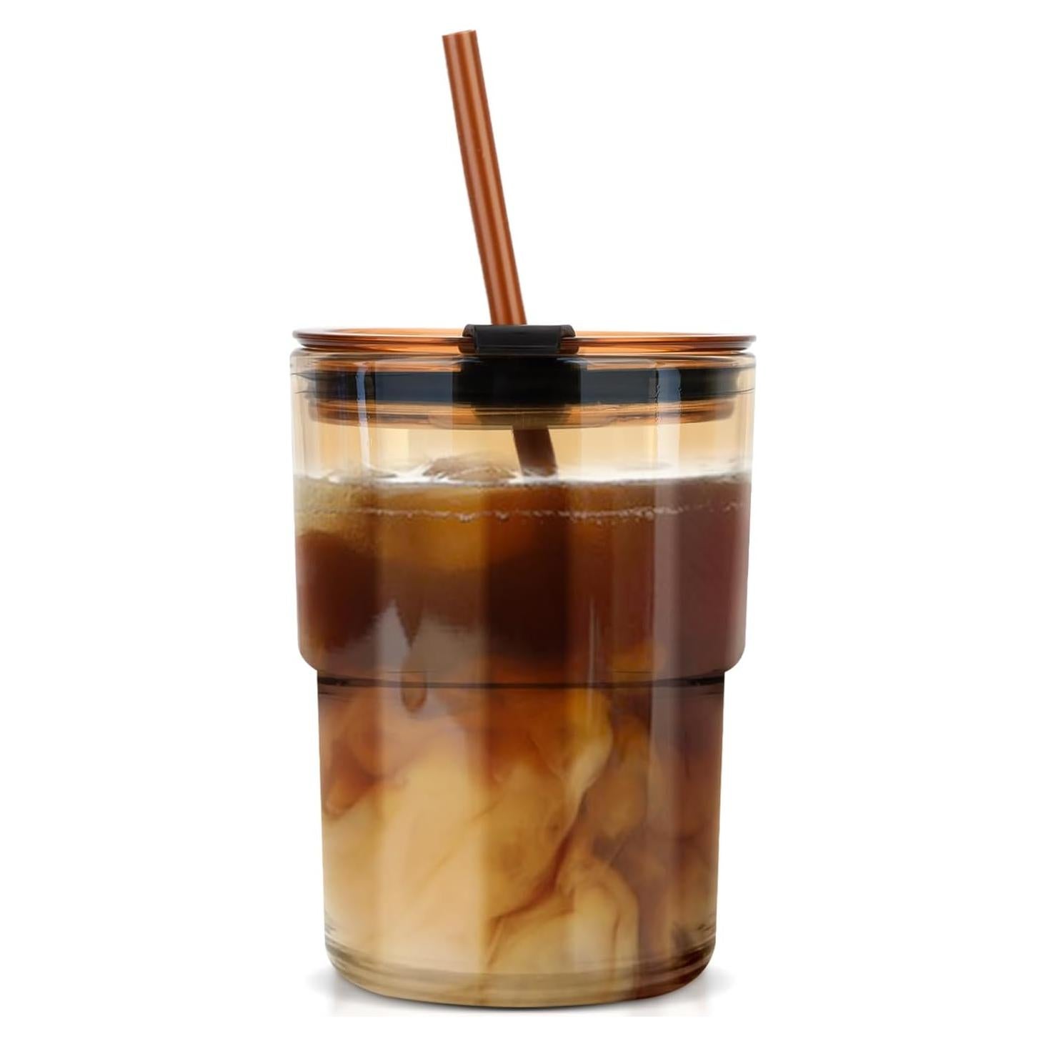 Taza de vidrio Luxfuel 400 ml con tapa y popote reutilizable