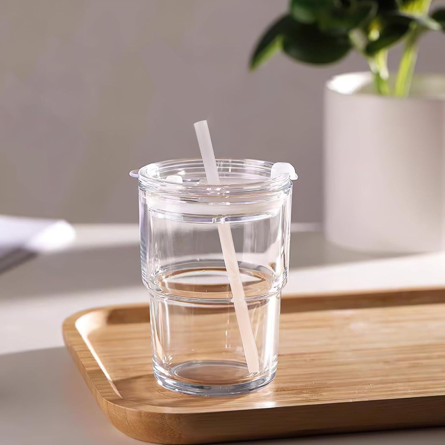 Taza de vidrio Luxfuel 400 ml con tapa y popote reutilizable