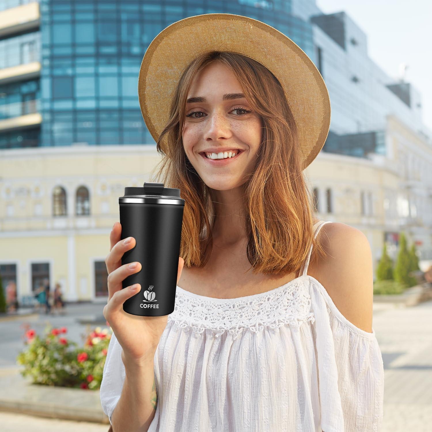 Taza de Café de Viaje QEMAUUA 500ml Acero Inoxidable Aislada