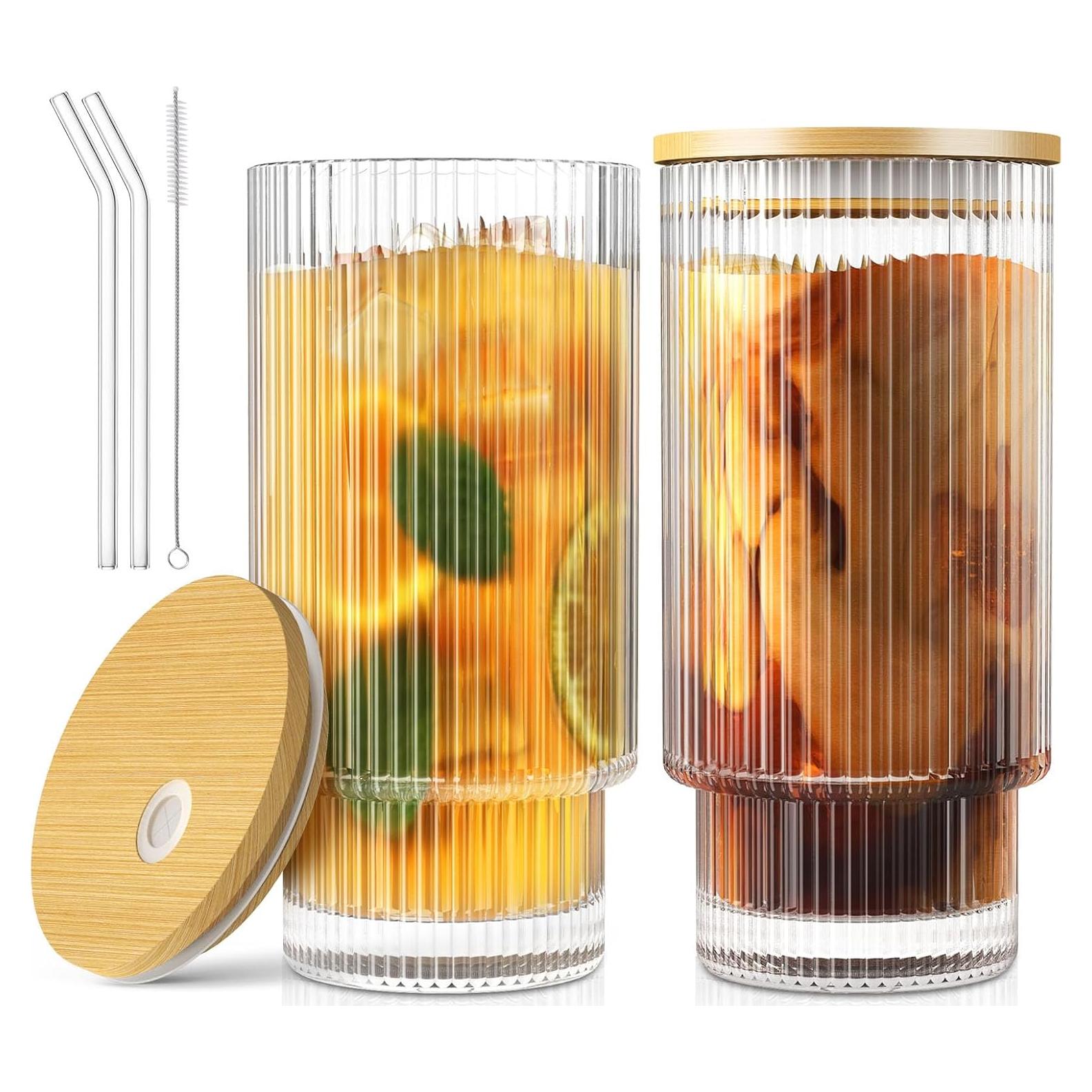 Vasos de Vidrio CWHHRN 2 Pack 473ml con Tapas y Pajitas