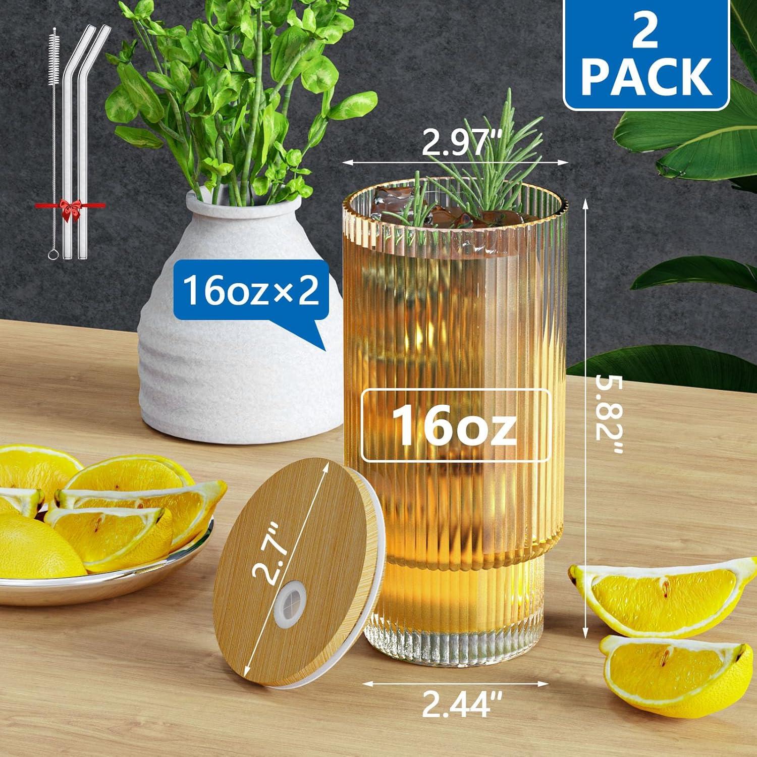Vasos de Vidrio CWHHRN 2 Pack 473ml con Tapas y Pajitas