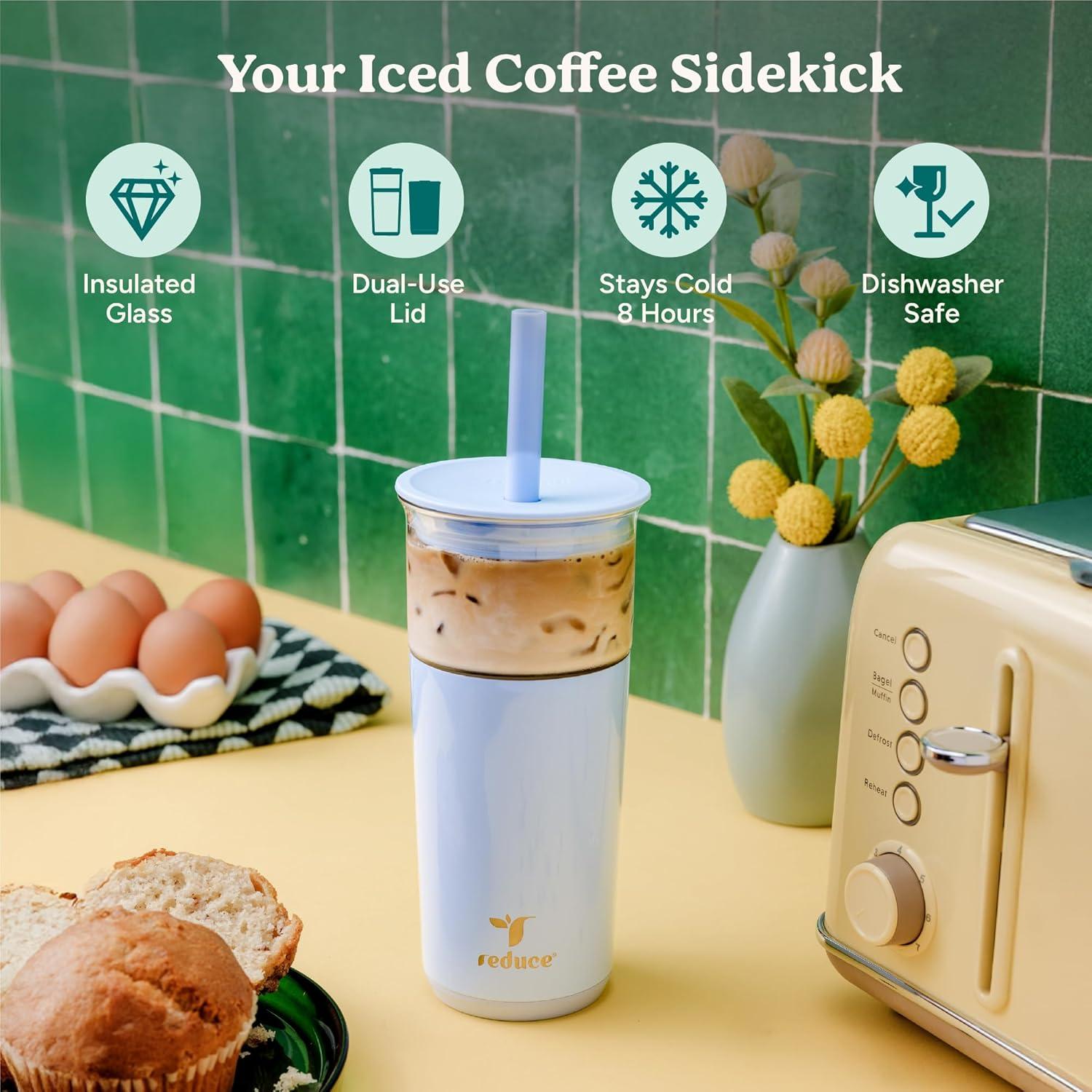 Vaso de Vidrio Aislado REDUCE 590 ml con Tapa y Pajilla Ancha