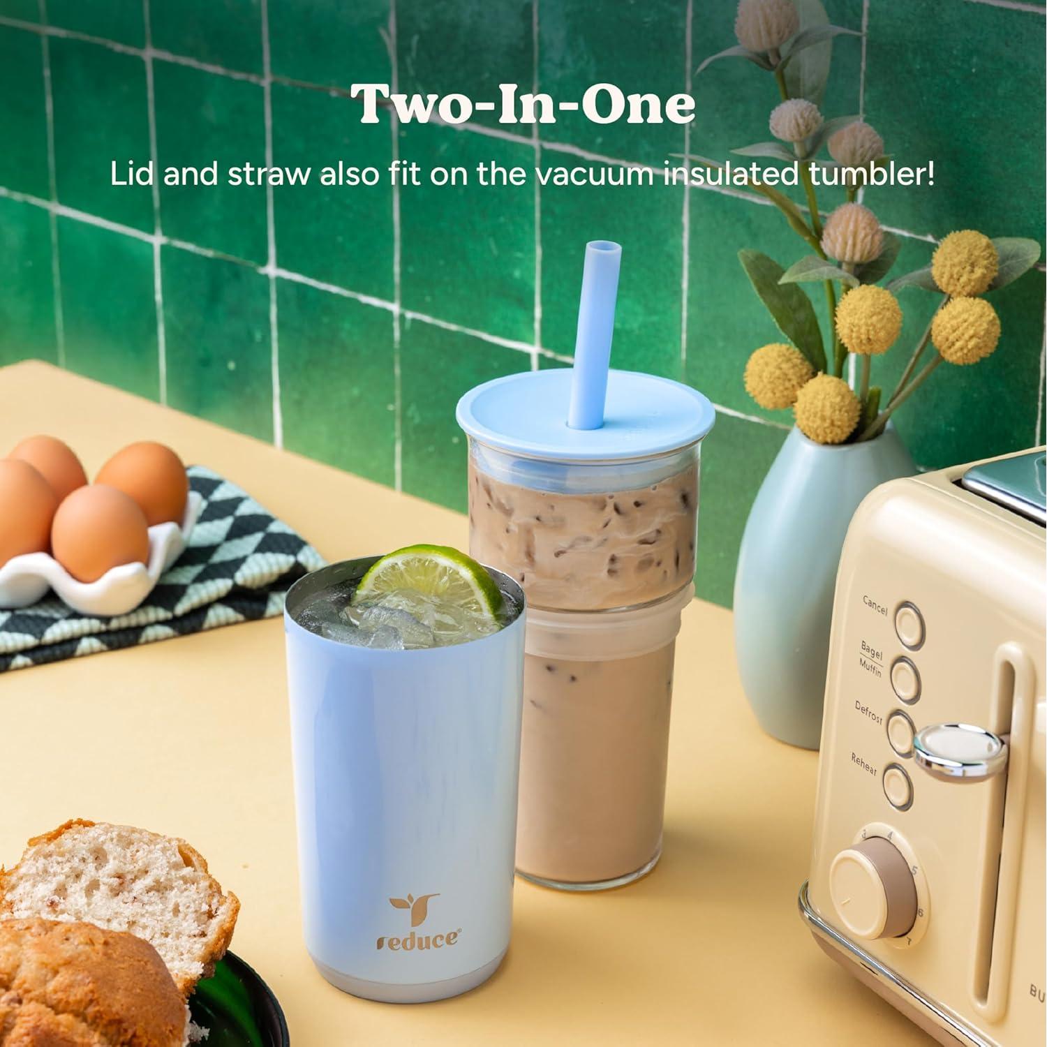 Vaso de Vidrio Aislado REDUCE 590 ml con Tapa y Pajilla Ancha