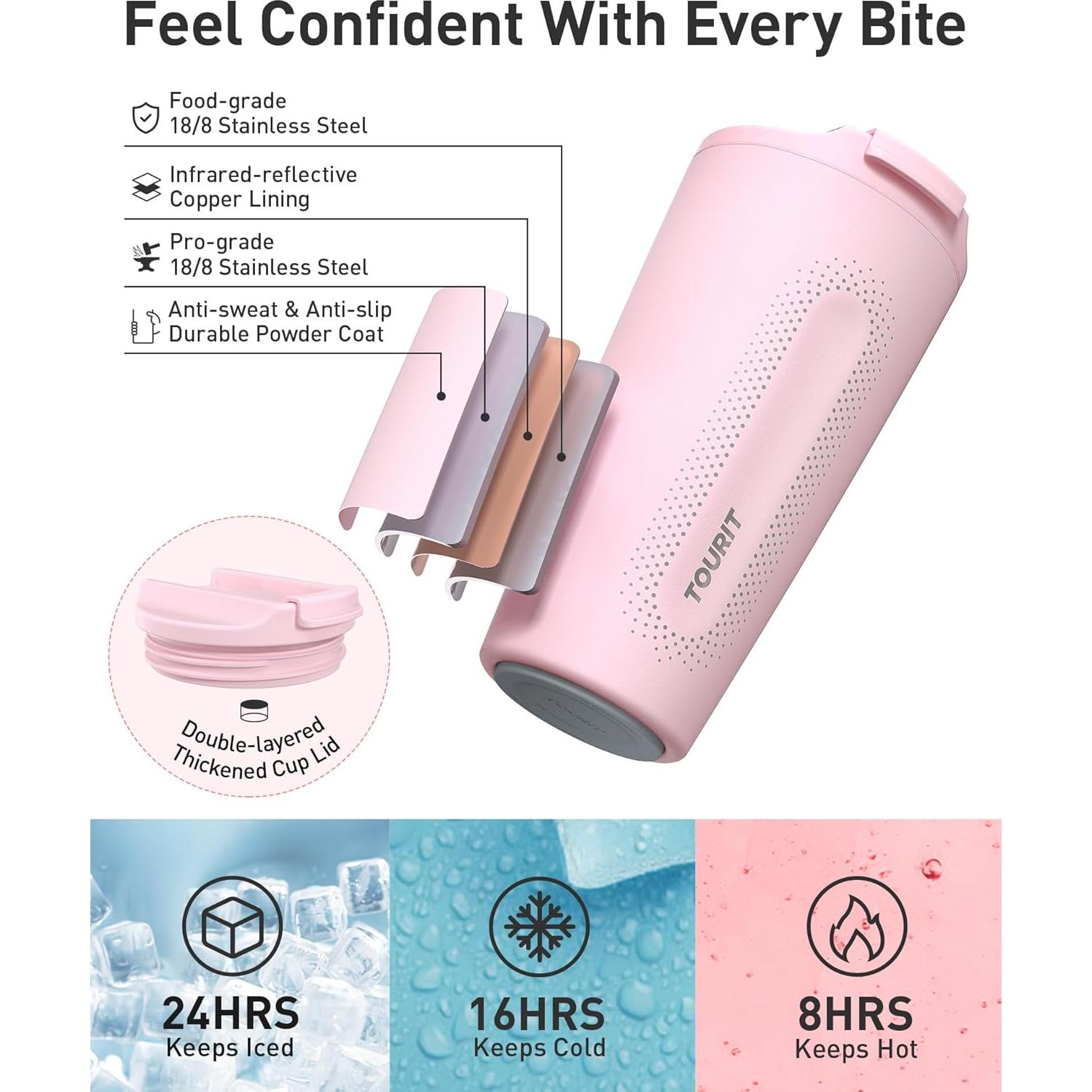 Taza de Café de Viaje TOURIT 0.47 L Acero Inoxidable Rosa