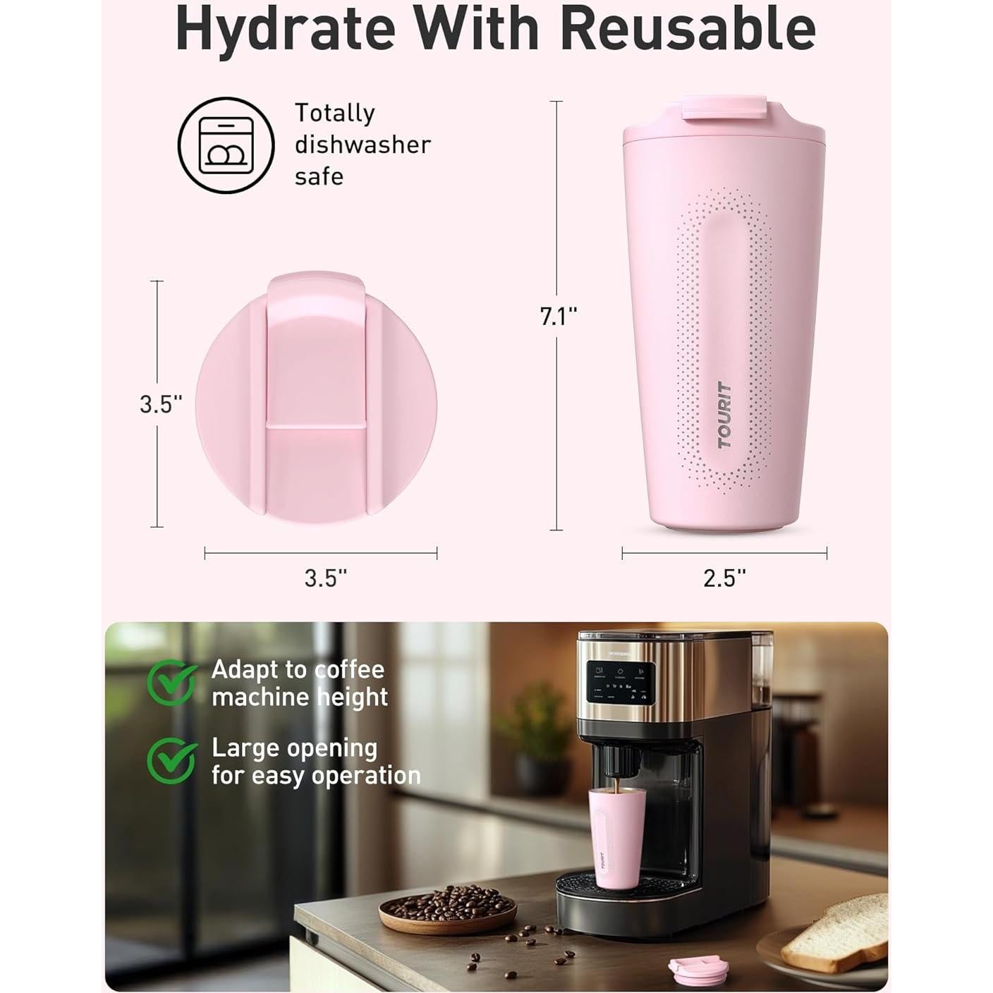 Taza de Café de Viaje TOURIT 0.47 L Acero Inoxidable Rosa