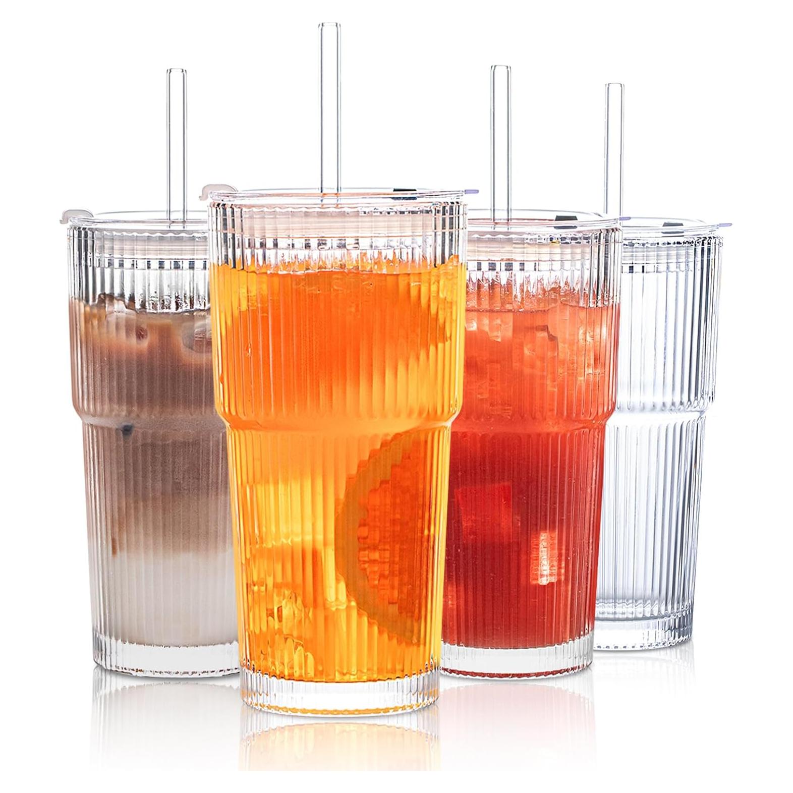 Vasos de Vidrio Estriado INSETLAN 20 oz - Juego de 4 Piezas