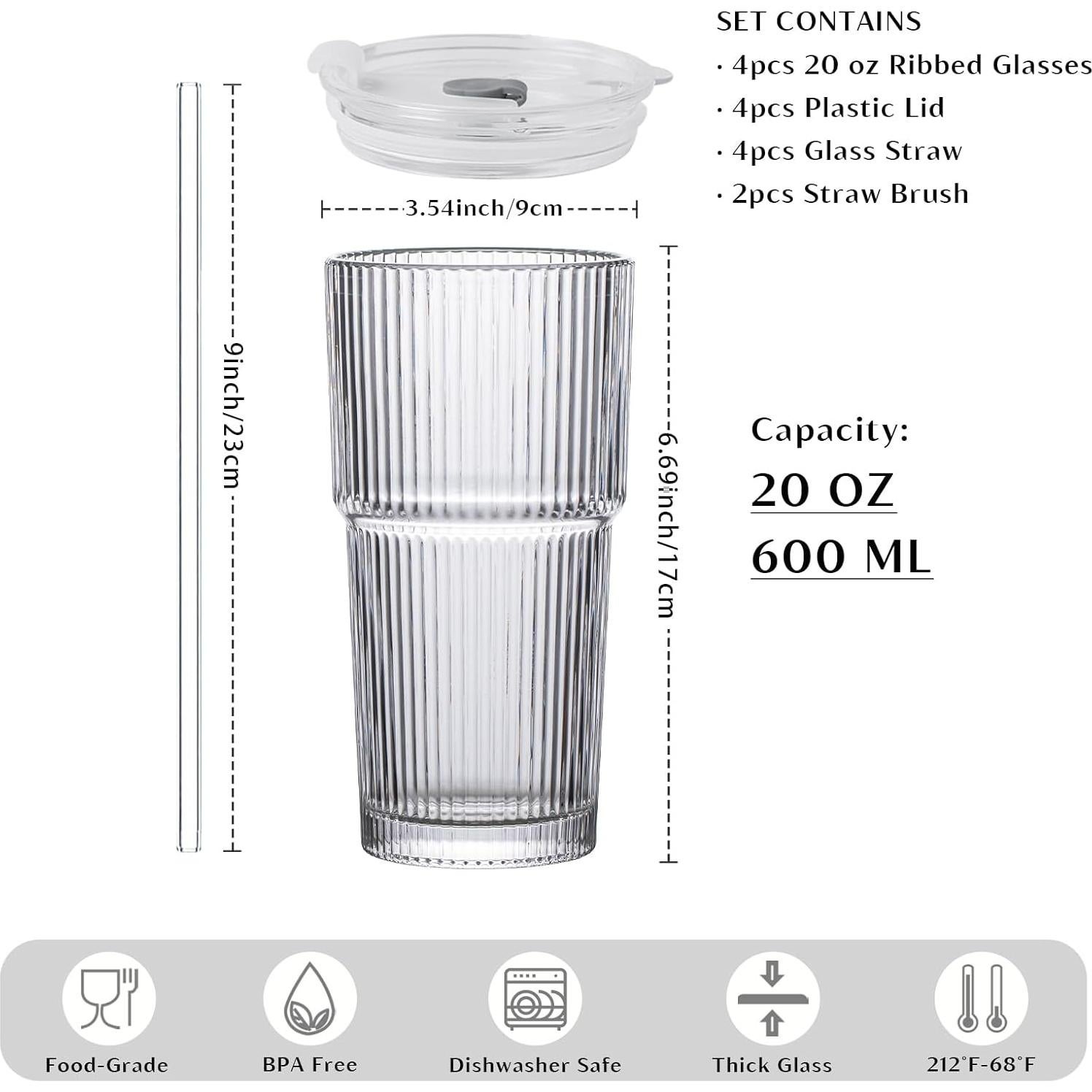 Vasos de Vidrio Estriado INSETLAN 20 oz - Juego de 4 Piezas