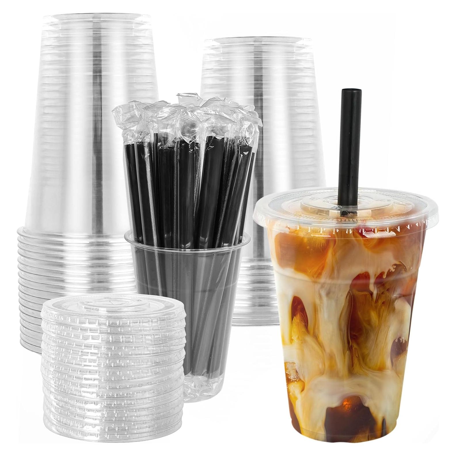 25 Vasos de Plástico Desechables 16oz LUCDNC con Tapas y Pajitas