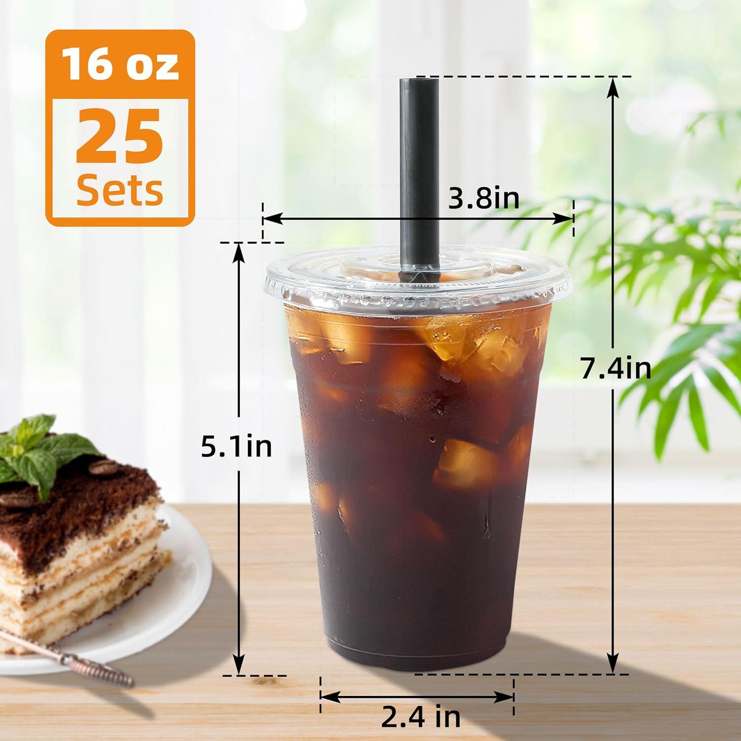 25 Vasos de Plástico Desechables 16oz LUCDNC con Tapas y Pajitas