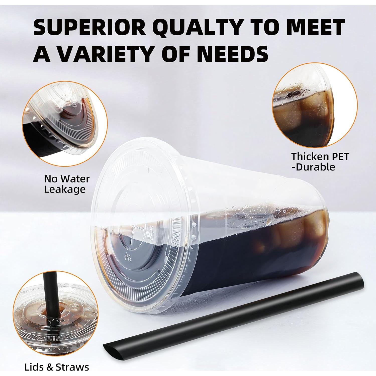 25 Vasos de Plástico Desechables 16oz LUCDNC con Tapas y Pajitas