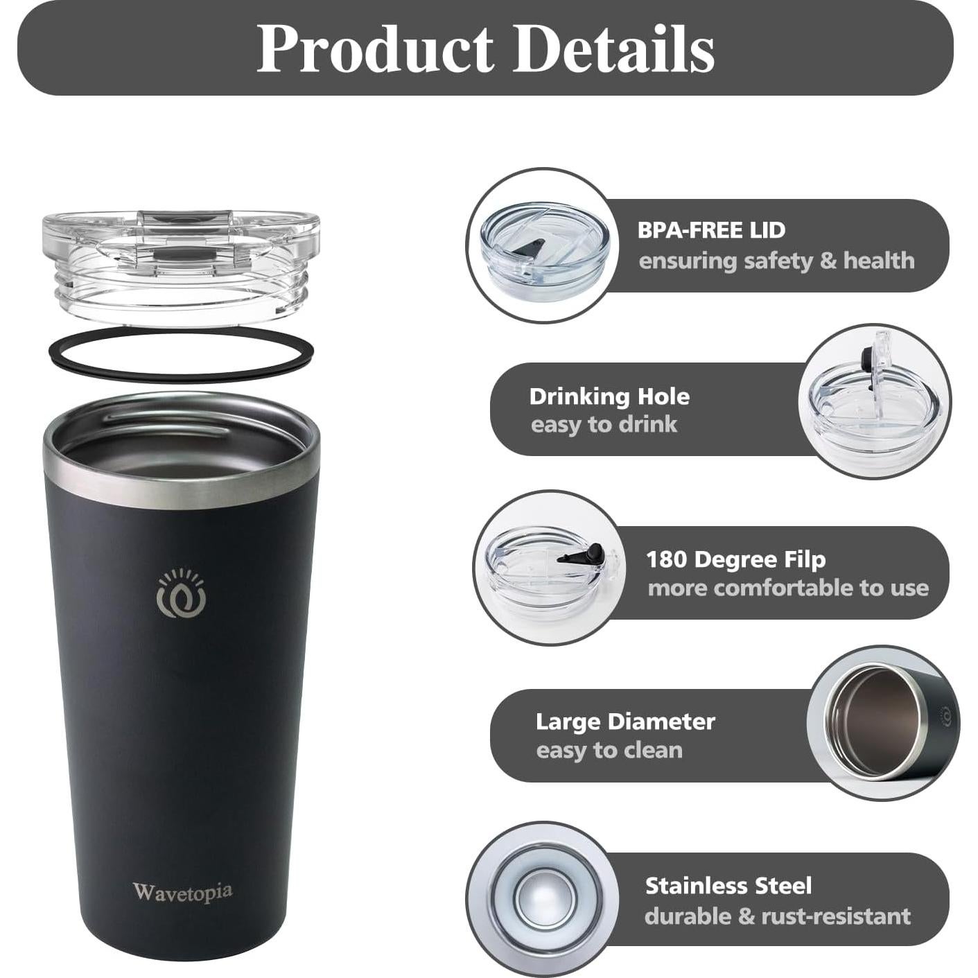 Taza de café aislada Wavetopia 16 oz acero inoxidable negro