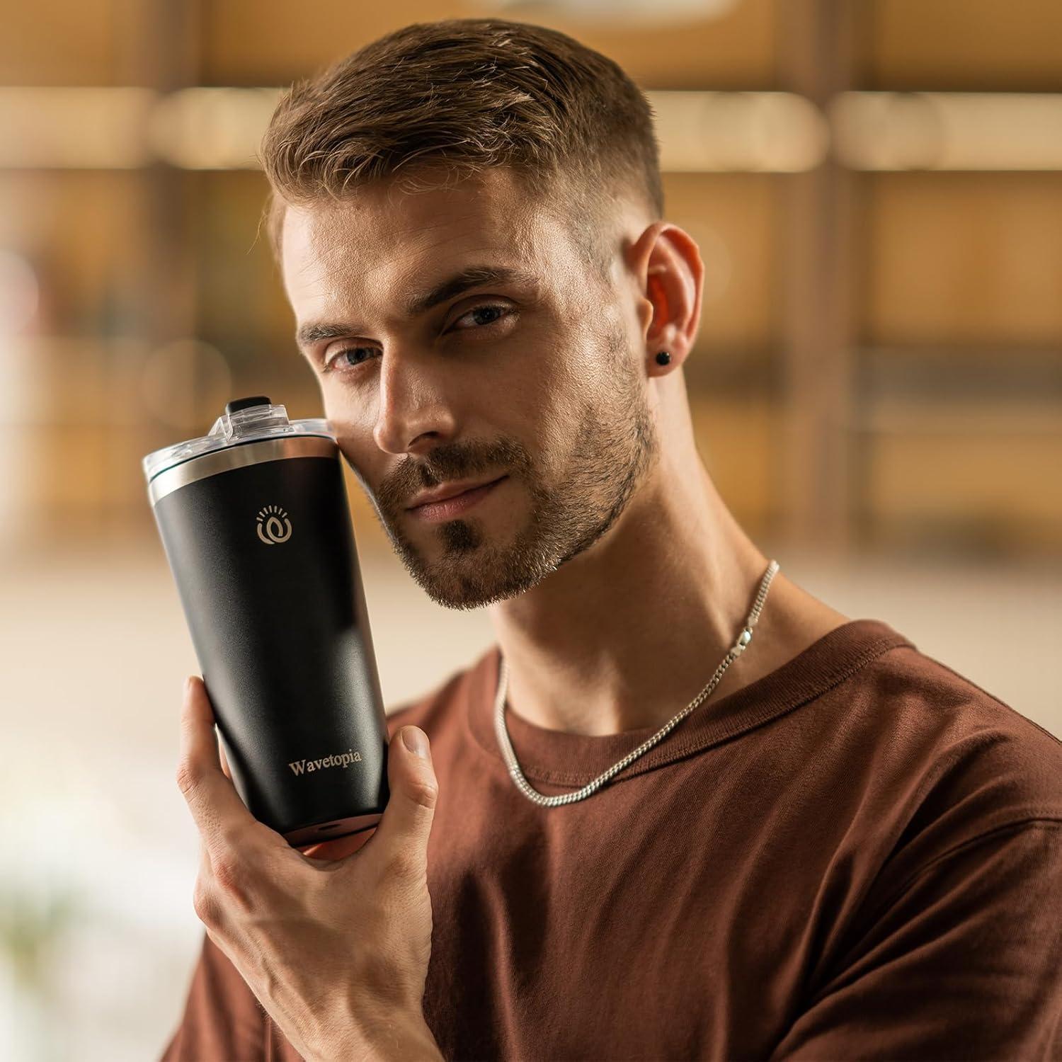 Taza de café aislada Wavetopia 16 oz acero inoxidable negro