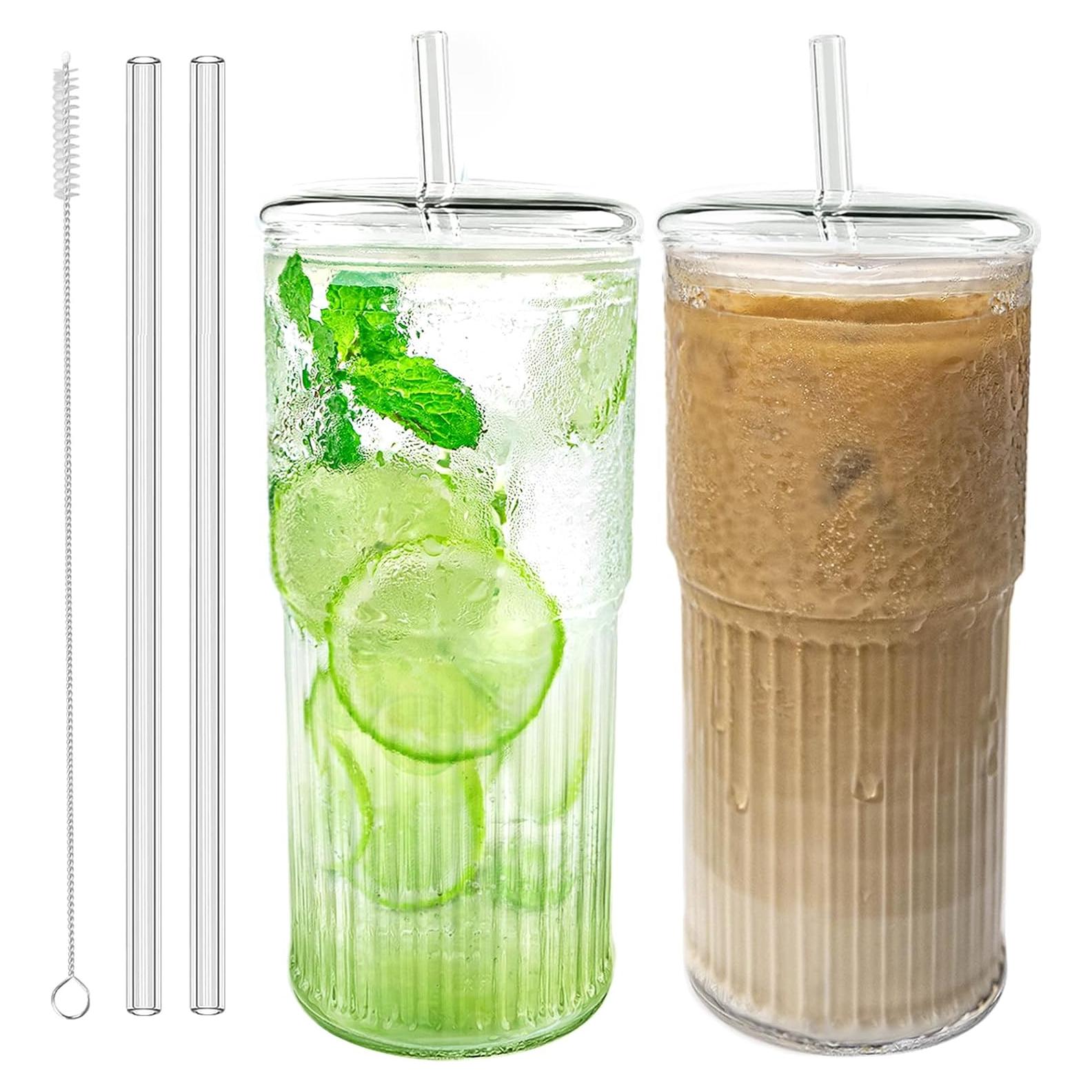 Juego de 2 Tazas de Vidrio Luiaiog 20 oz con Tapas y Popotes