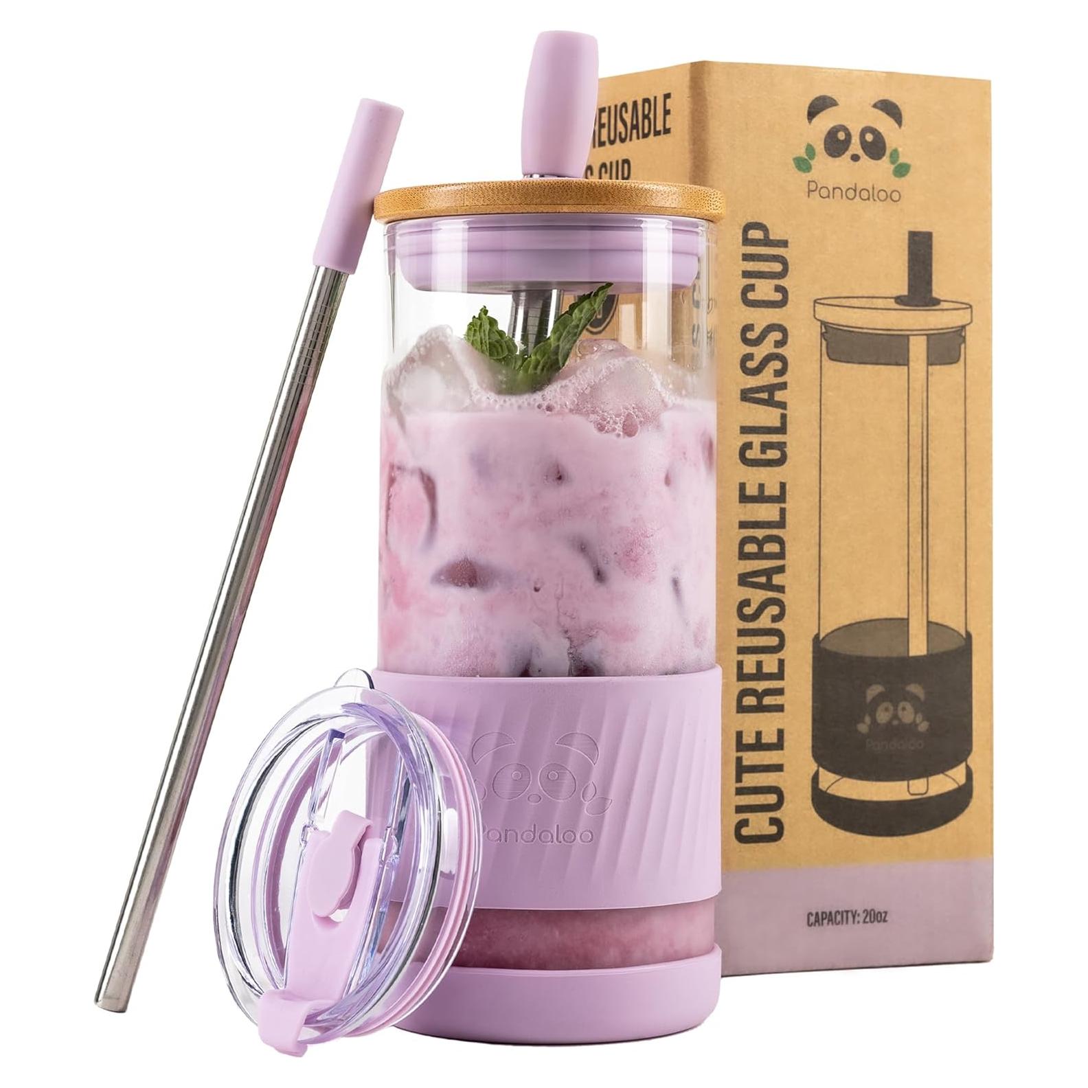 Taza de vidrio Pandaloo® 591 ml con tapa y popote Rapsodia Lila