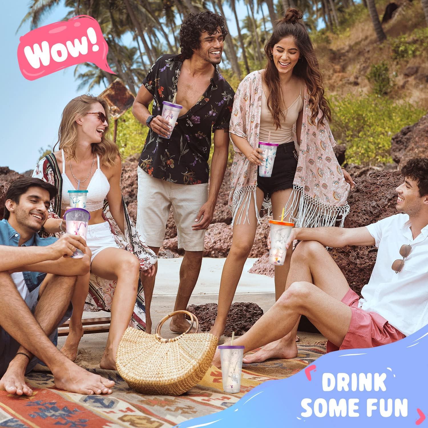 Tazas Frías Reutilizables Meoky 24 oz con Tapas y Pajitas - 5 Pzs