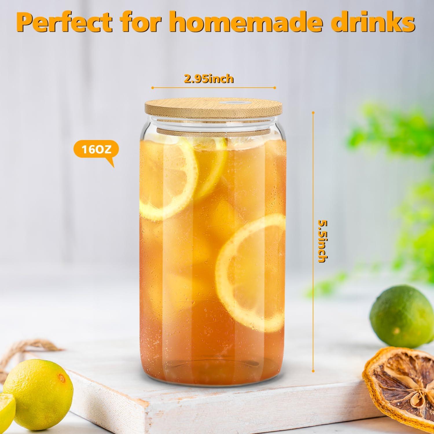 Vasos de Vidrio 16oz Sungwoo con Tapas de Bambú - 4 Piezas