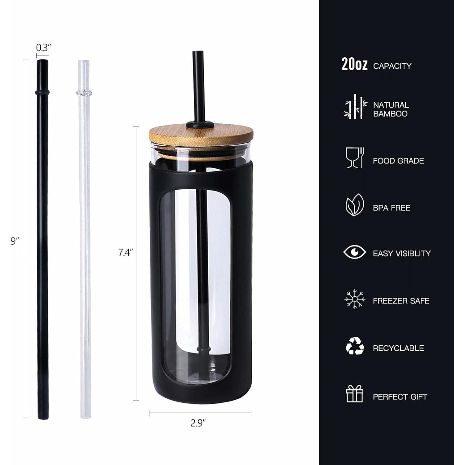 Vaso de Vidrio Kodrine 20oz con Tapa de Bambú y Pajilla